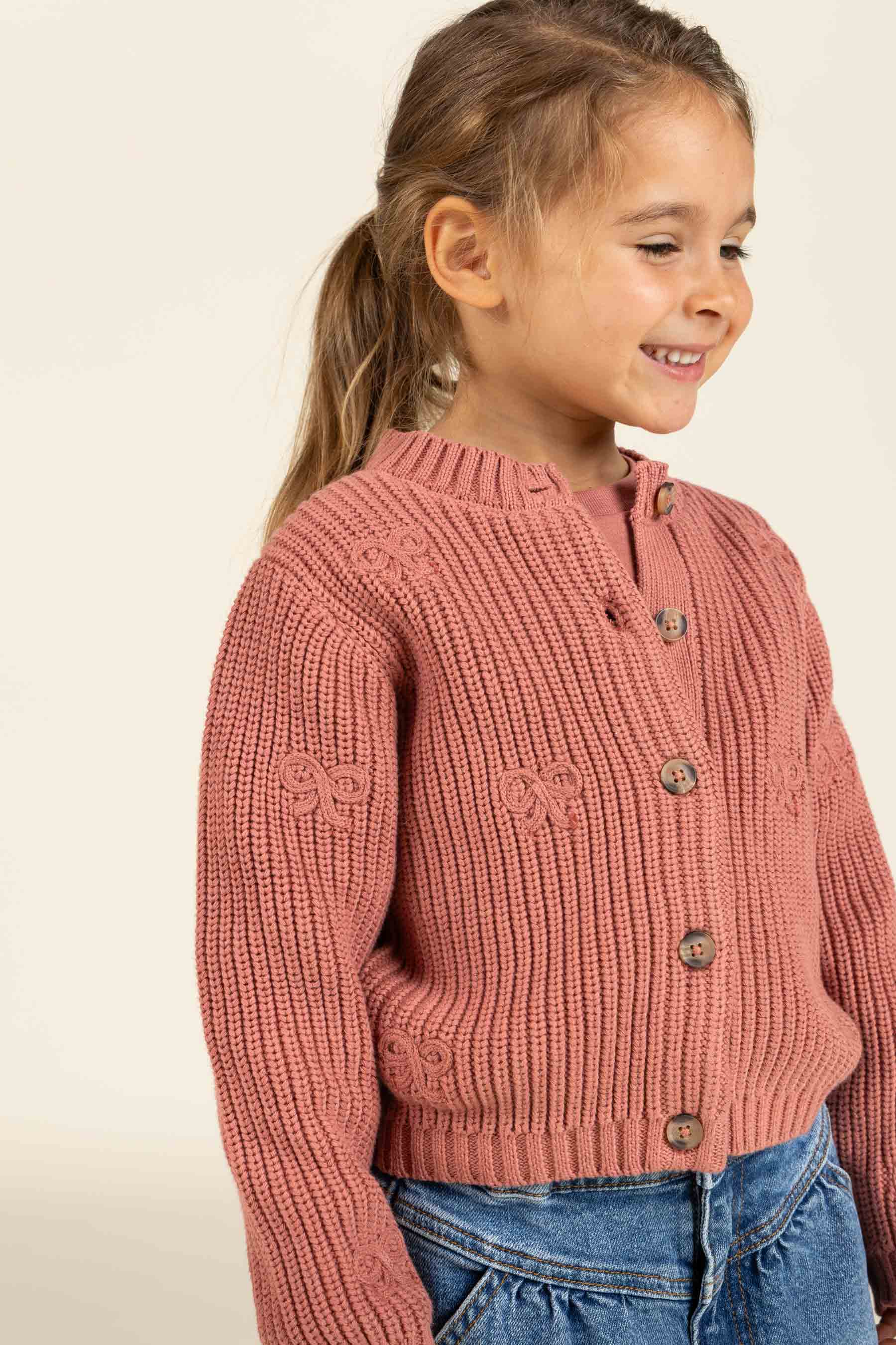 Cotton Knit Cardigan with Bows - Tween - Old Rose | 100793 Freya