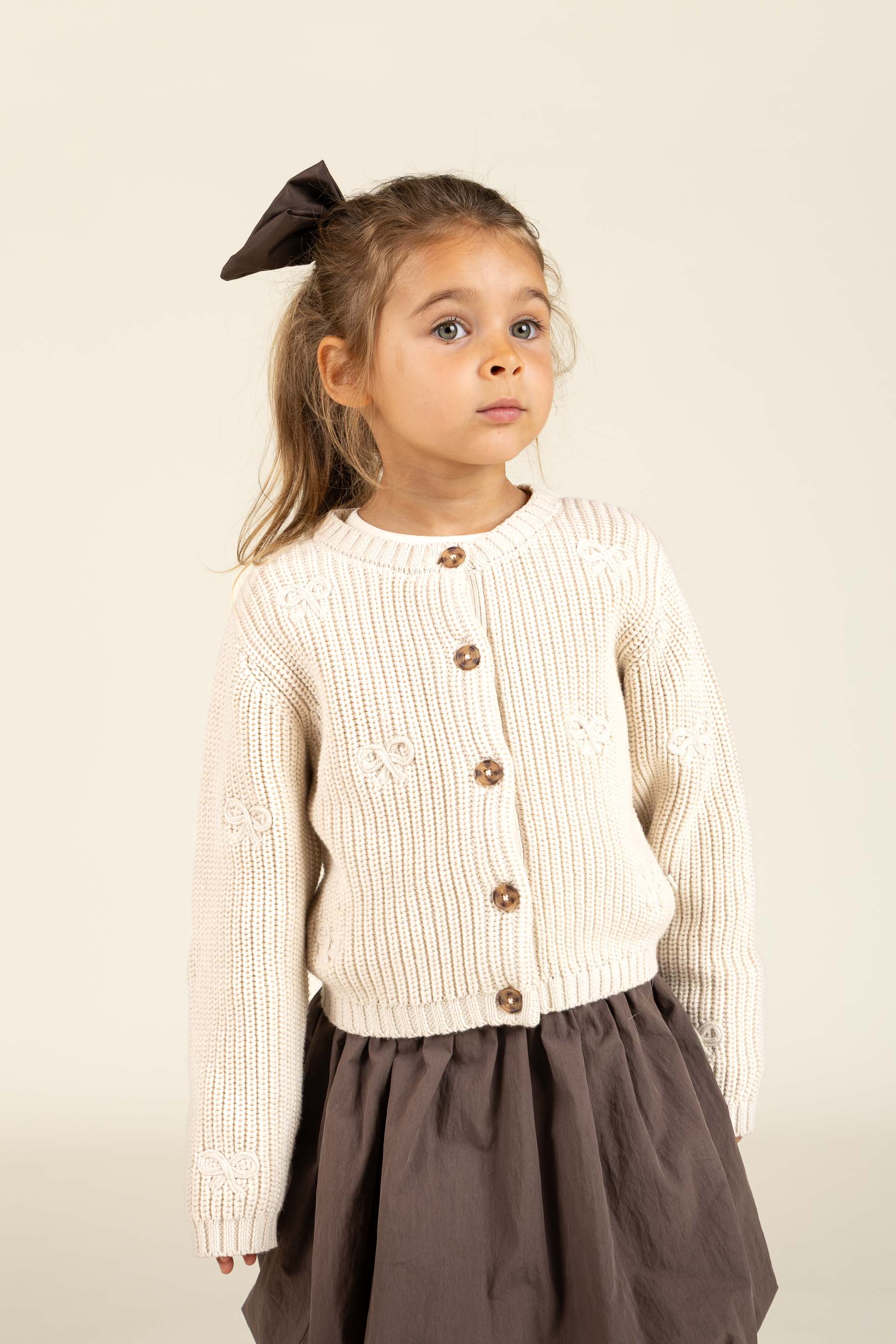 Cotton Knit Cardigan with Bows - Kids - Nature | 100790 Freya