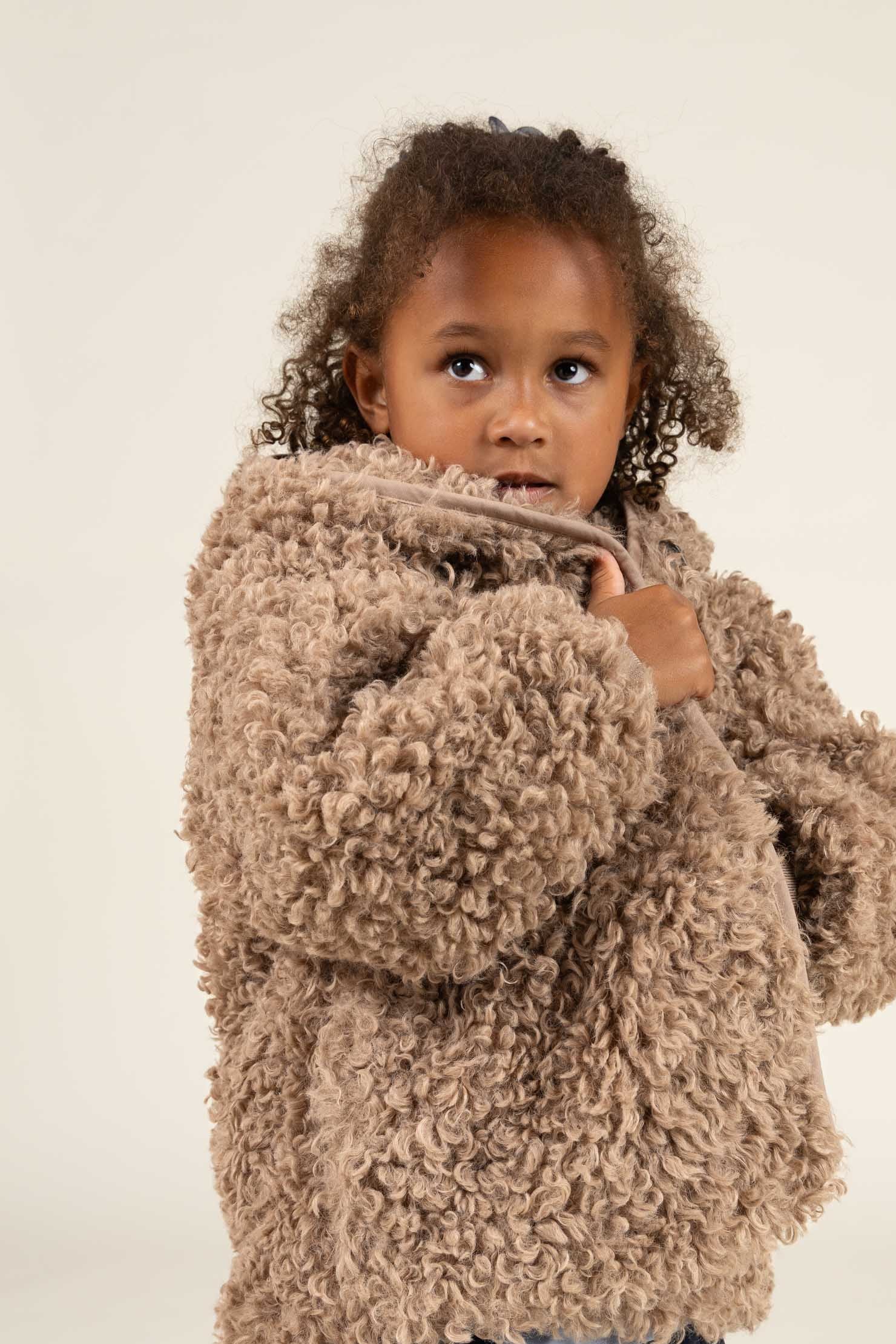 Faux Fur Hooded Jacket with Rib cuff - Kids - Caffe Latte | 100546 Ellie