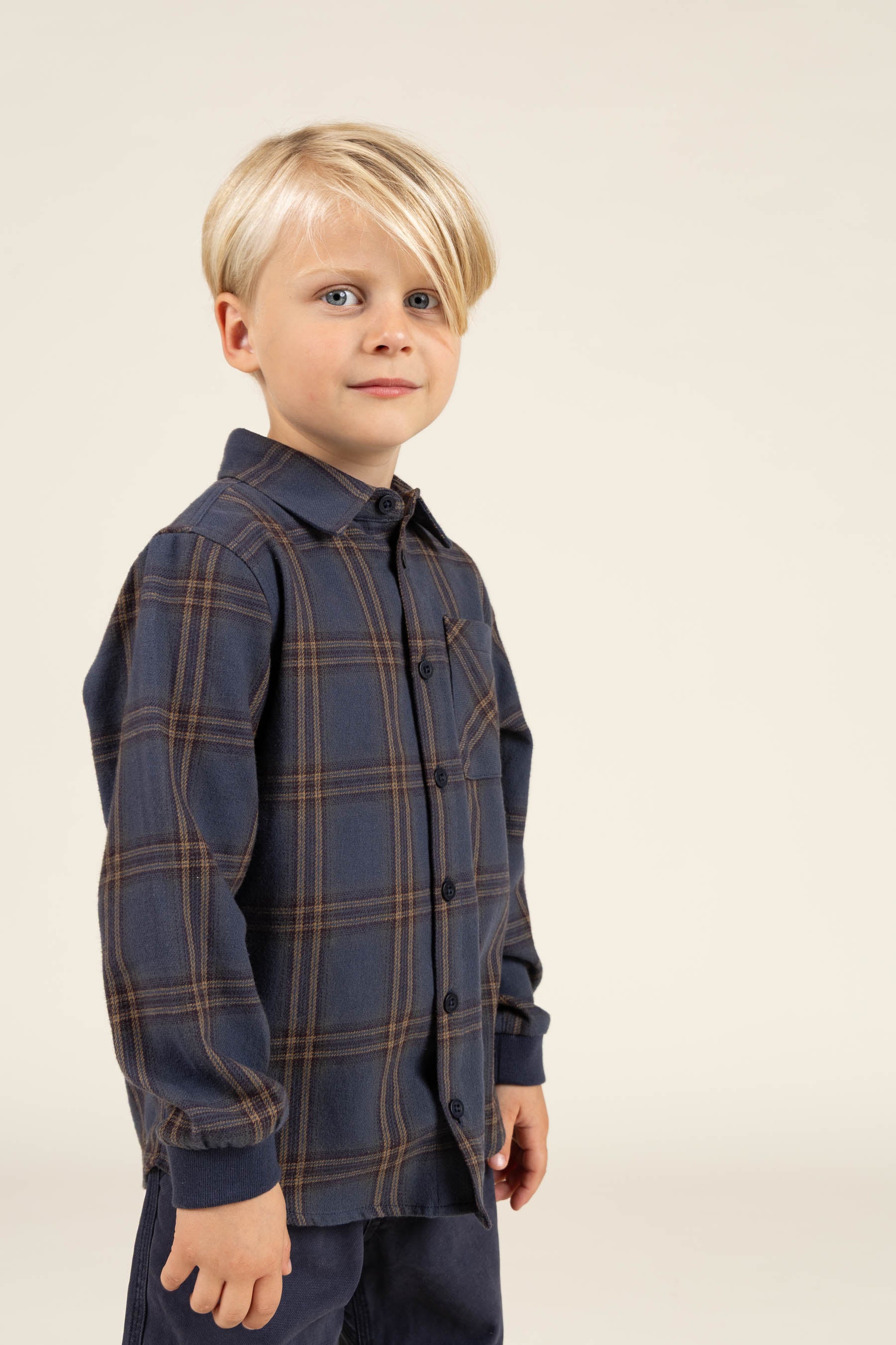 Checked Flannel Shirt with Rib Cuff - Kids - Navy Check | 100530 Henry