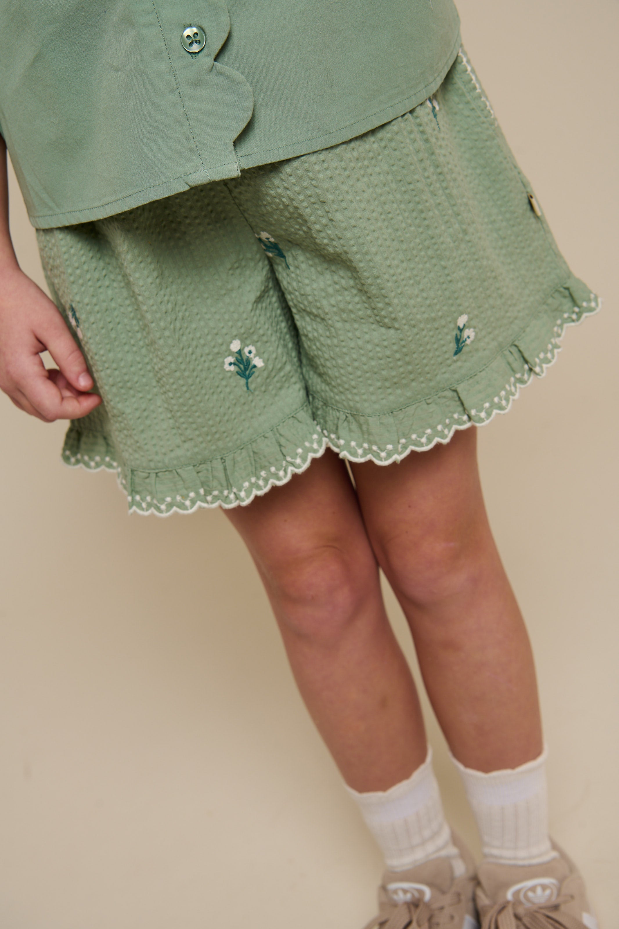 Embroidered Seersucker Shorts - Tween - Dusty Green | 100985 Nora