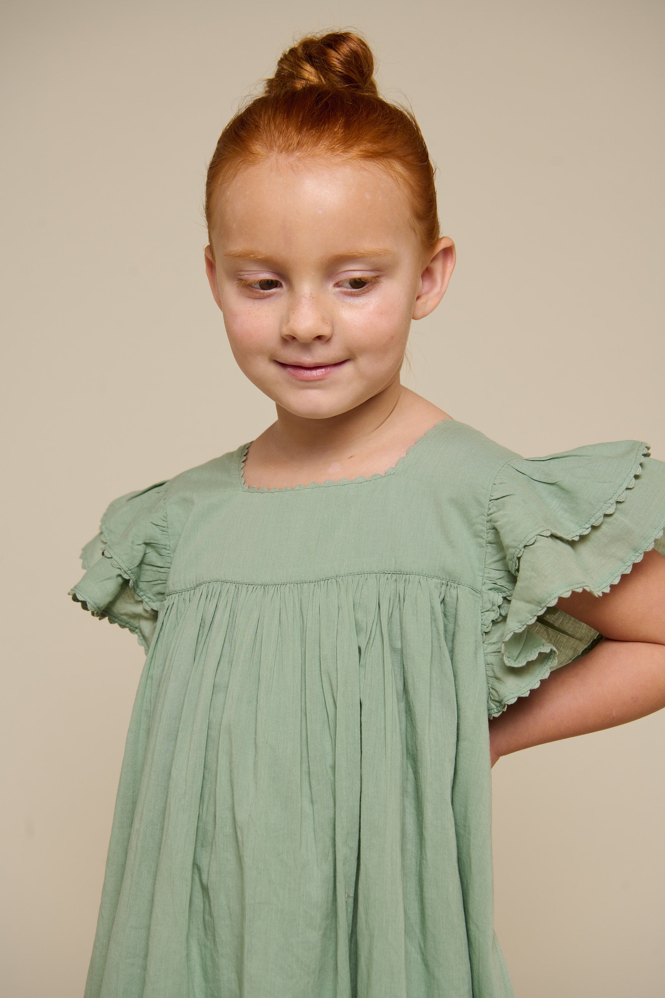 Cotton Dress with Ric Rac Frill - Tween - Dusty Green | 101066 Alma
