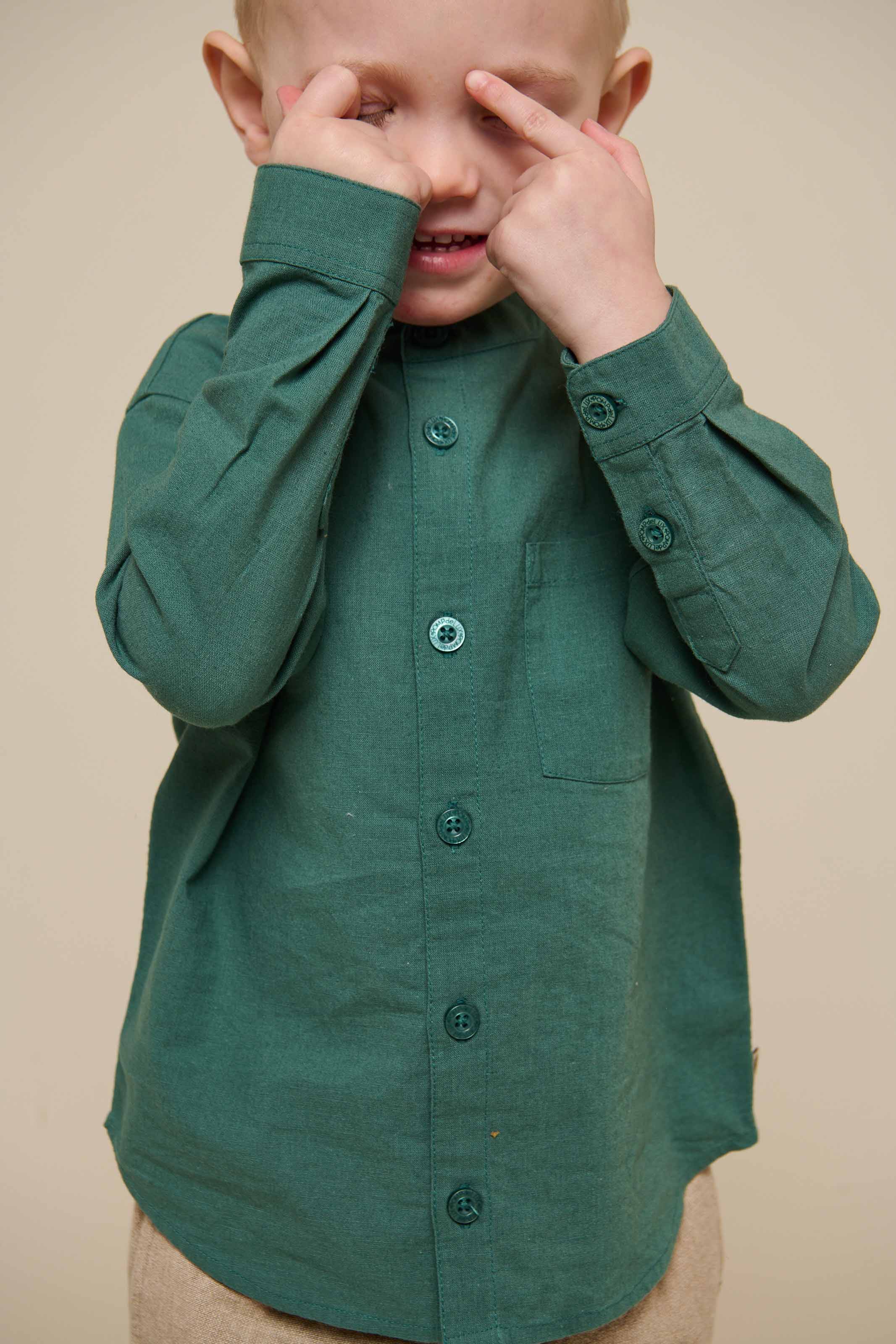 Linen Mix Mandarin Collar Shirt - Kids - Tropical Green | 101203 Lucca