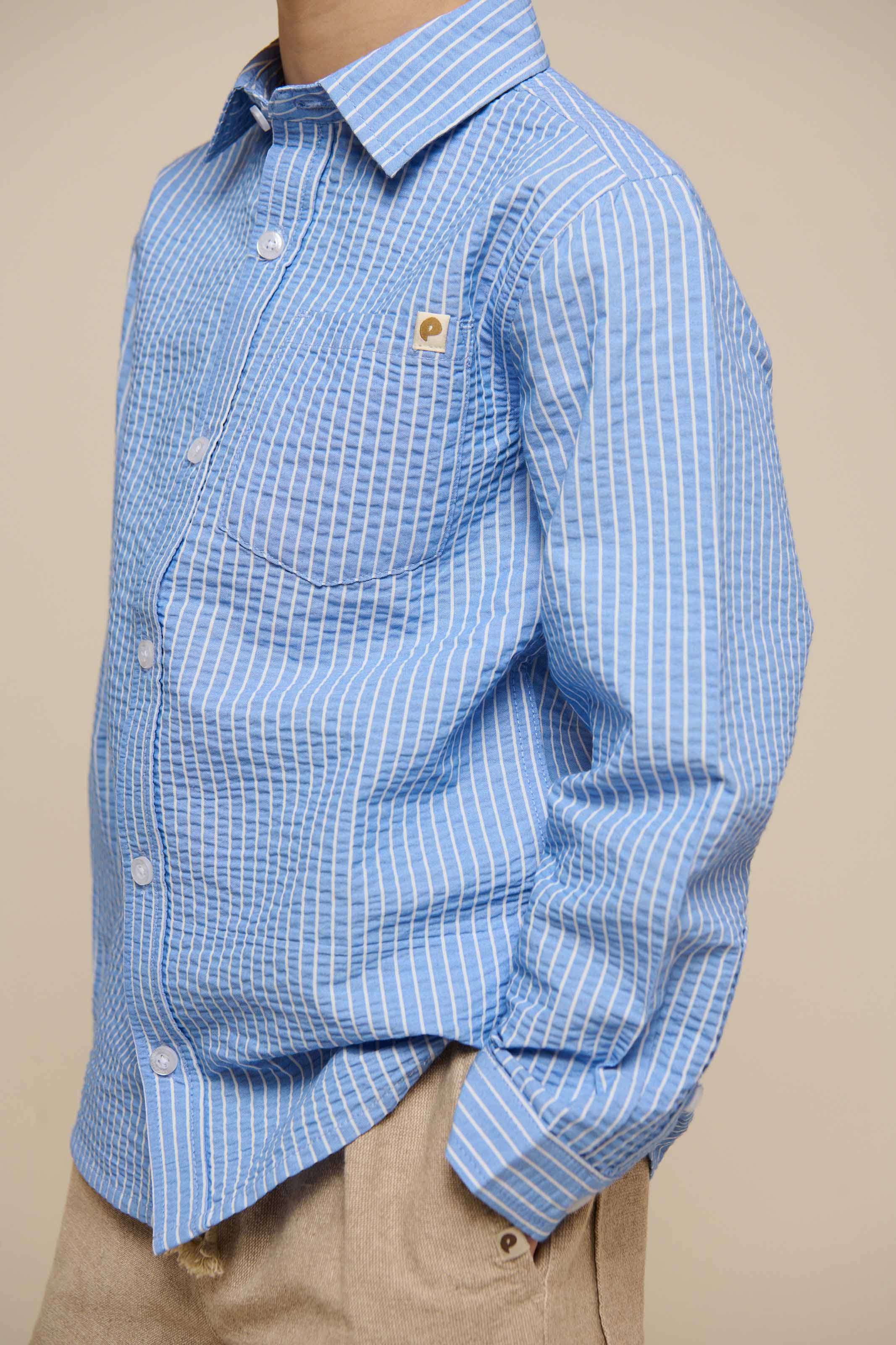 Striped Seersucker Shirt with Rib Cuff - Kids - Blue Stripe | 101348 Patrick