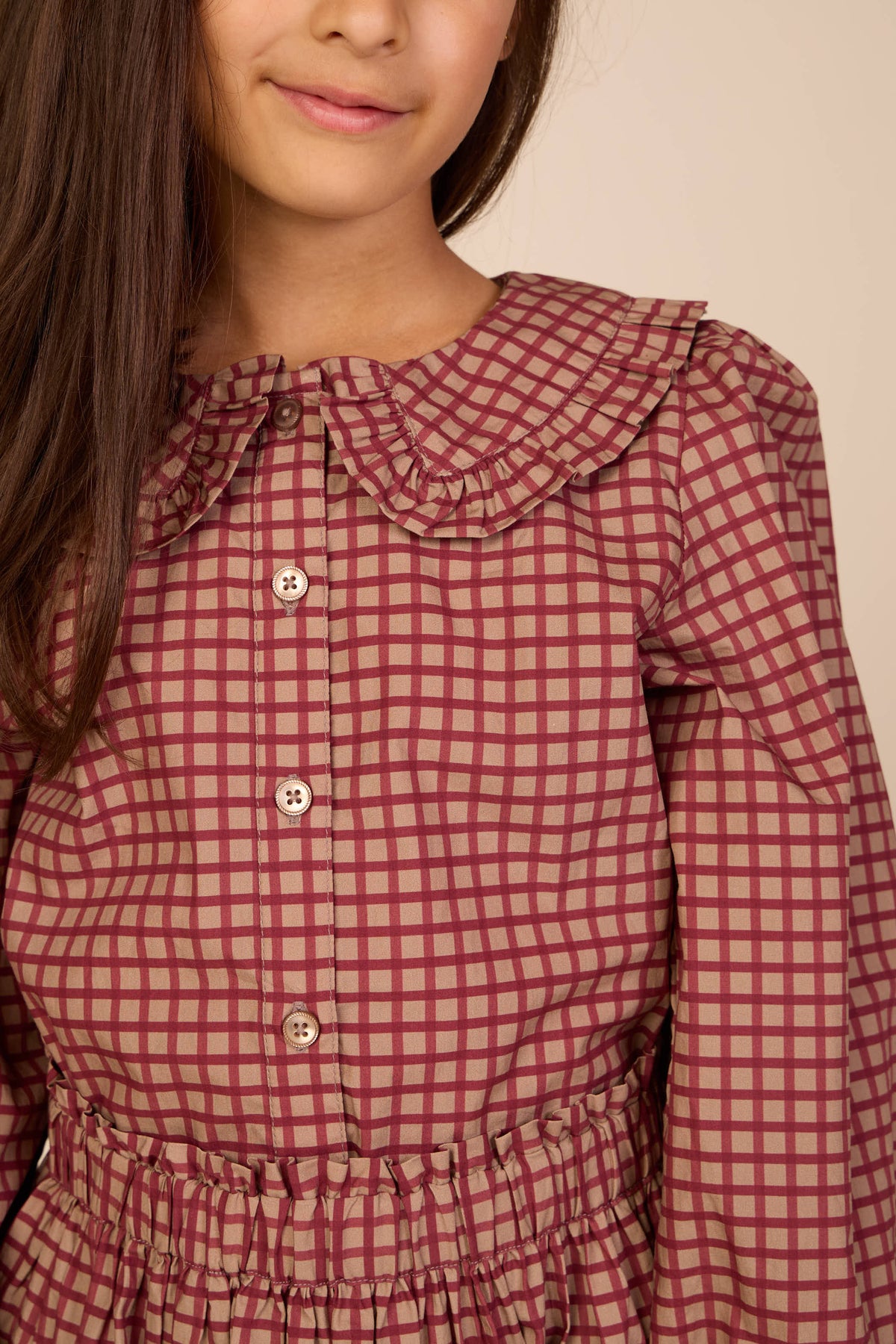Frill Collar Poplin Blouse - Tween - Bordeaux Check | 101450 Julia