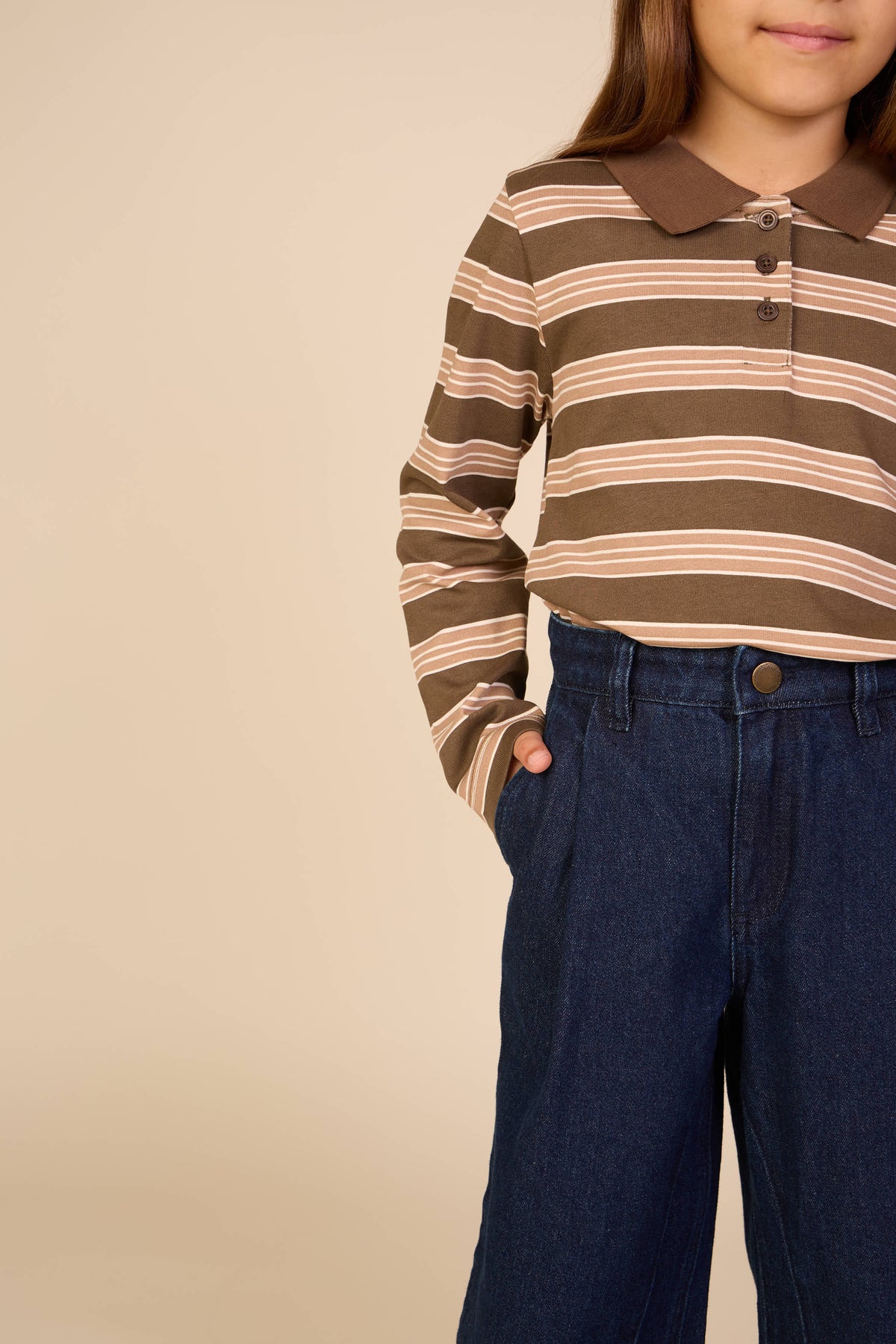 Striped Long-Sleeve Jersey Polo - Tween - Brown | 101696 Hope