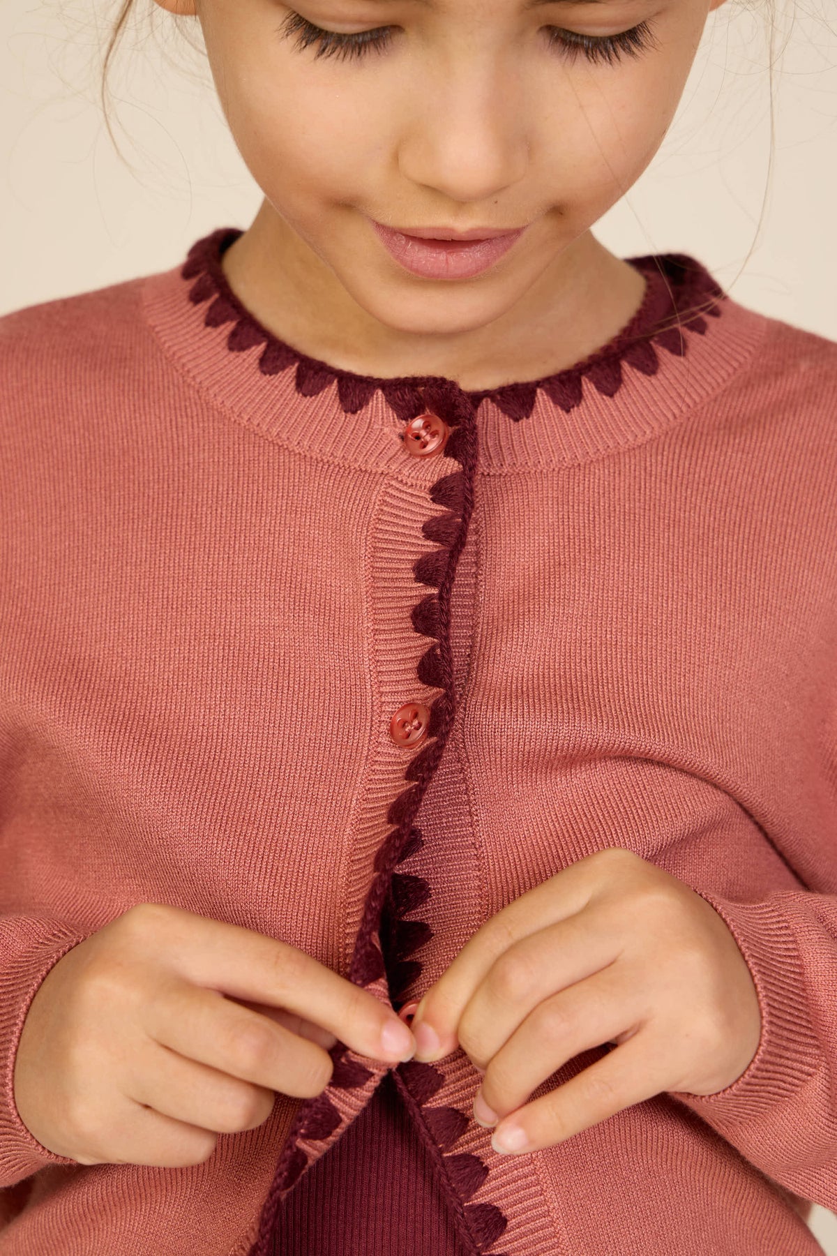 Contrast Stitch Cardigan - Tween - Dusty Rose/Bordeaux | 101635 Lia