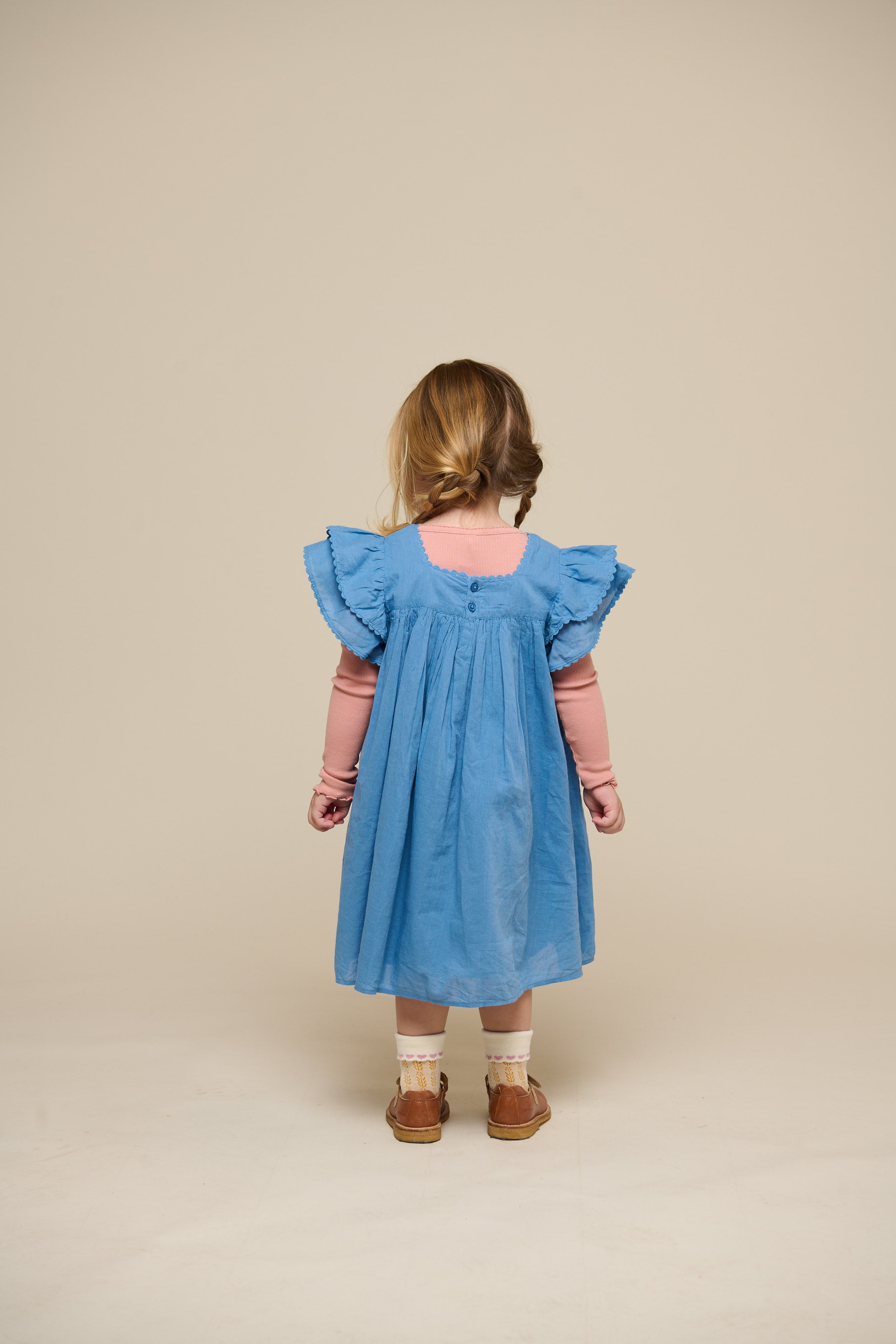 Cotton Dress with Ric Rac Frill - Kids - Dusty Blue | 101036 Alma