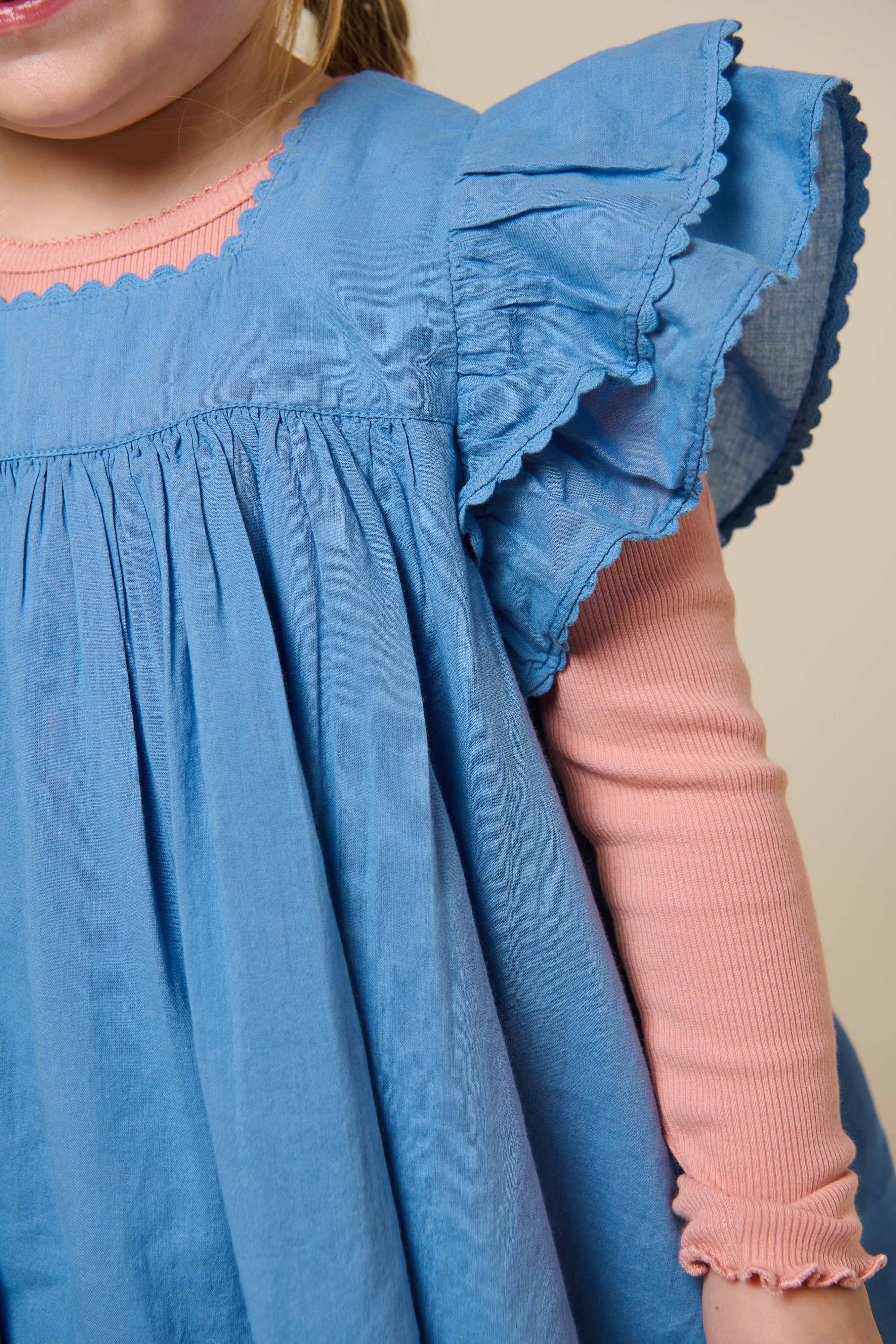 Cotton Dress with Ric Rac Frill - Kids - Dusty Blue | 101036 Alma