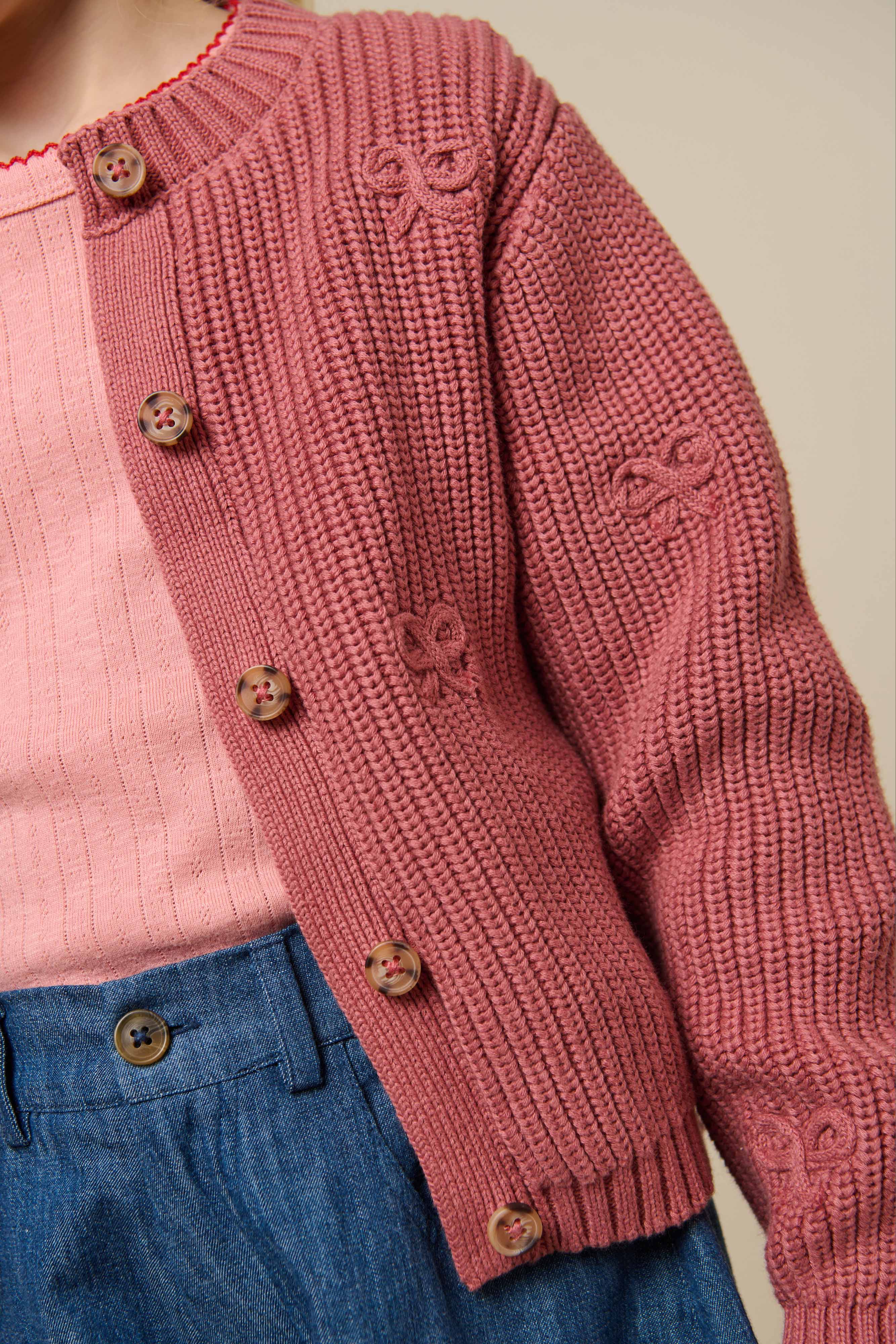 Cotton Knit Cardigan with Bows - Tween - Old Rose | 100793 Freya