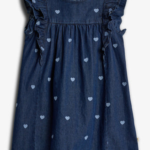 Denim Dress with Embroidery - Dark Blue Denim with Blue Heart | 100183 Debbie