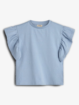 Ruffle Sleeve T-Shirt w. Picot stitch - Blue | 100257 Vilde