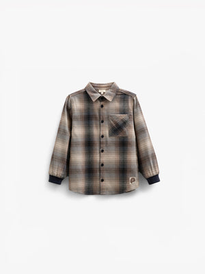 Checked Flannel Shirt with Rib Cuff - Kids - Brown Navy Check | 100529 Henry