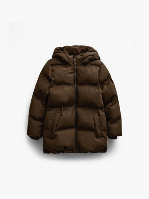 Winter Puffer Jacket with Drawstring - Kids - Dark Brown | 101413 Elenor