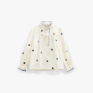 Heart Embroidered Cotton Blouse - Tween - Blue/Brown | 101456 Elina