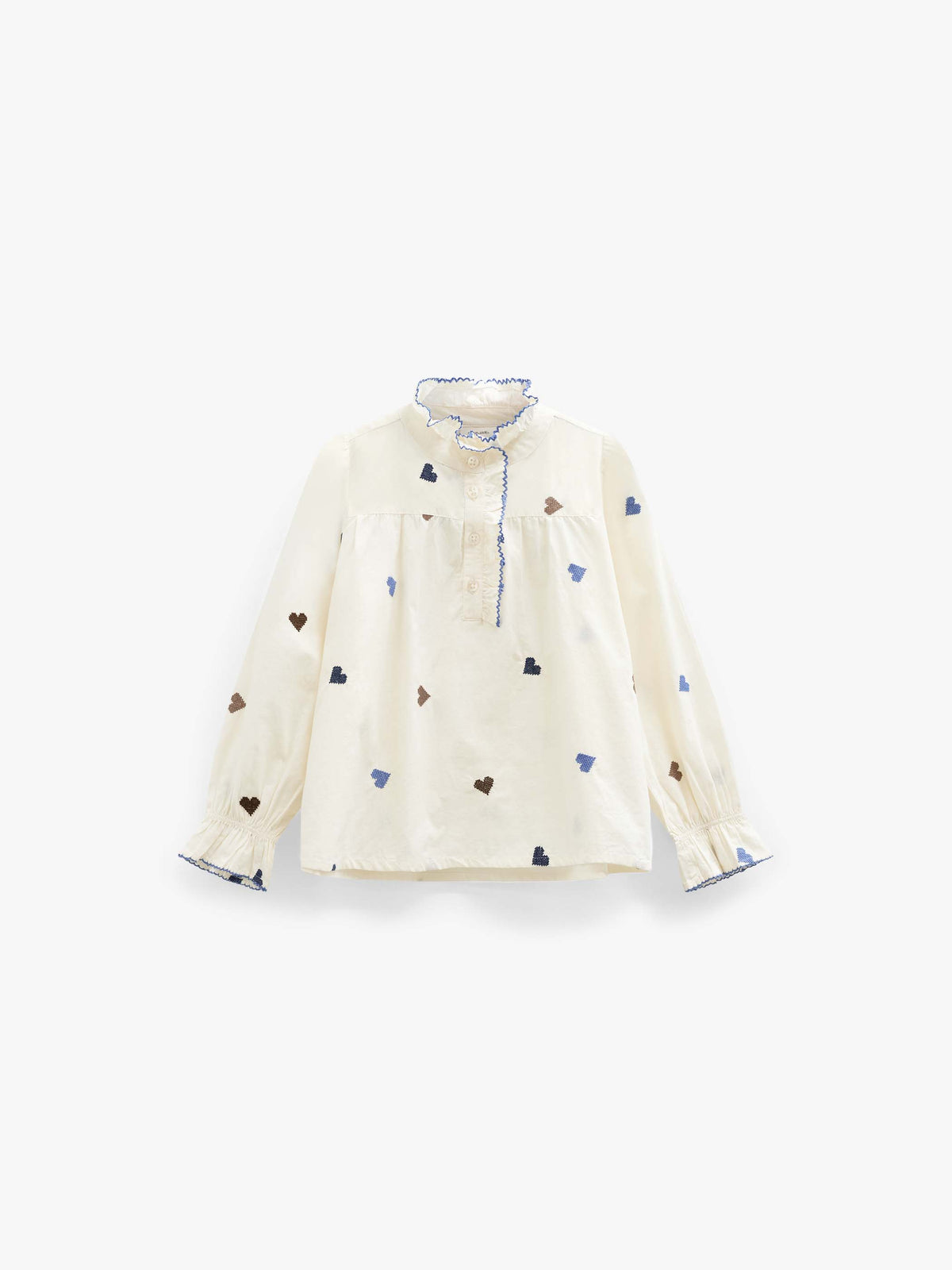 Heart Embroidered Cotton Blouse - Kids - Blue/Brown | 101455 Elina