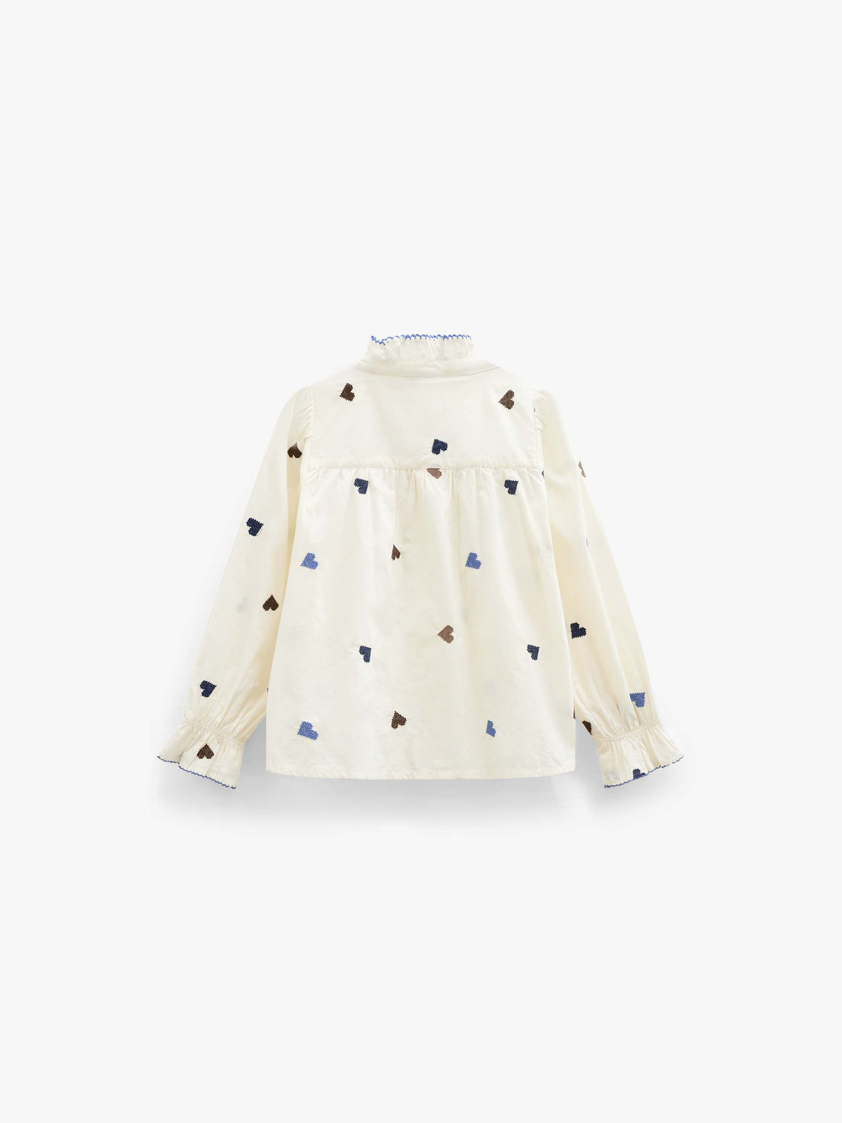 Heart Embroidered Cotton Blouse - Tween - Blue/Brown | 101456 Elina