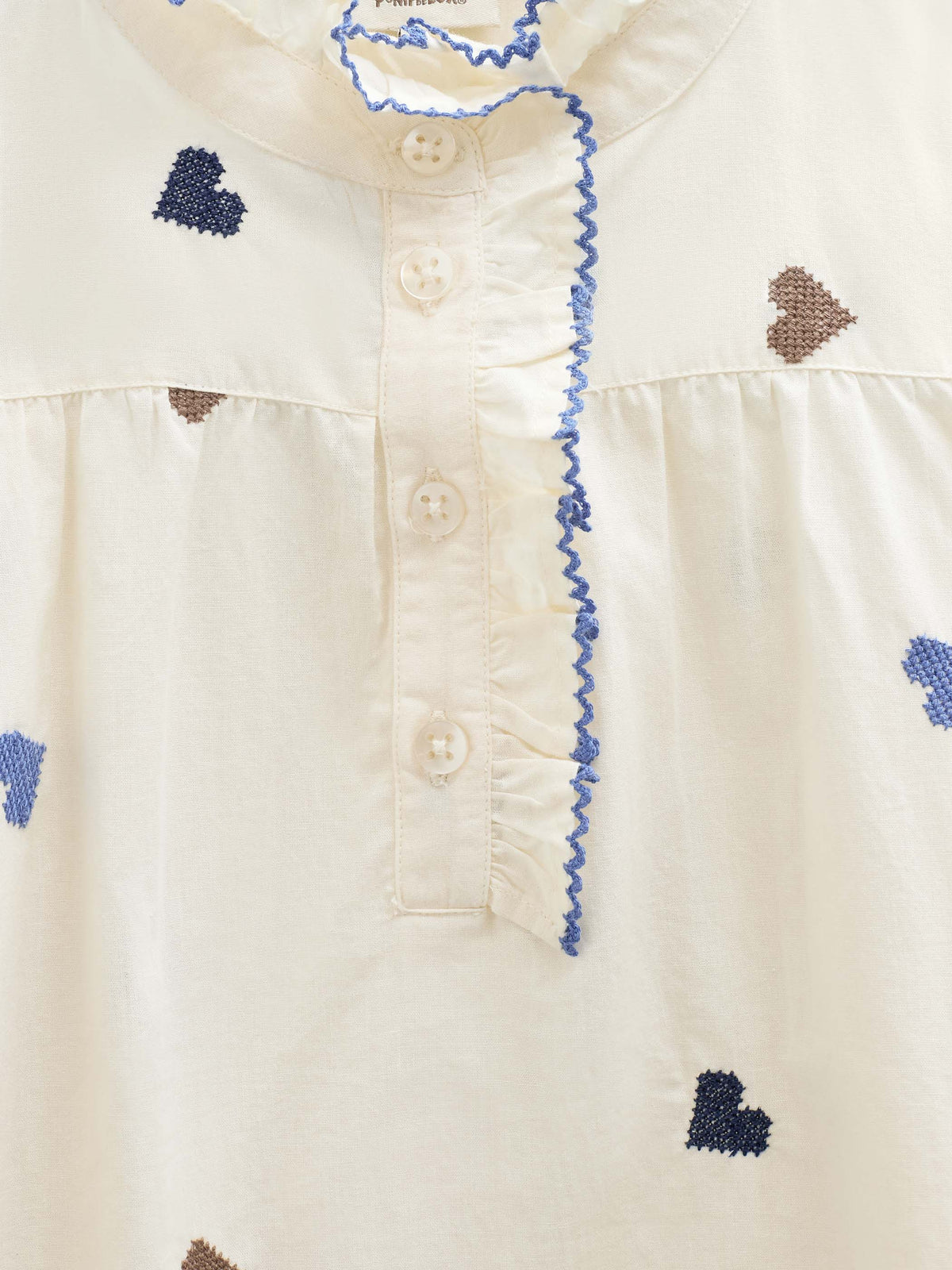 Heart Embroidered Cotton Blouse - Kids - Blue/Brown | 101455 Elina