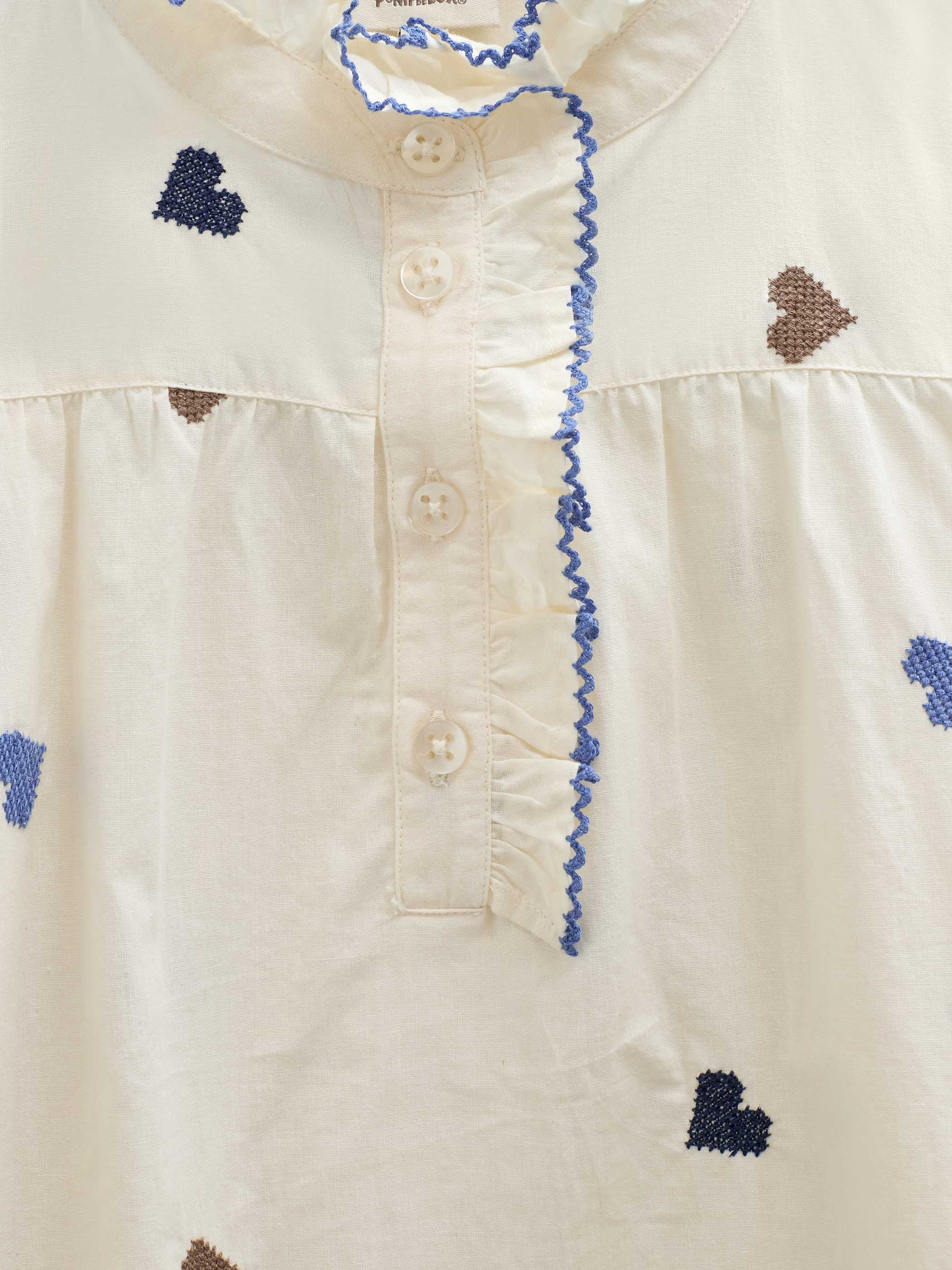 Heart Embroidered Cotton Blouse - Tween - Blue/Brown | 101456 Elina