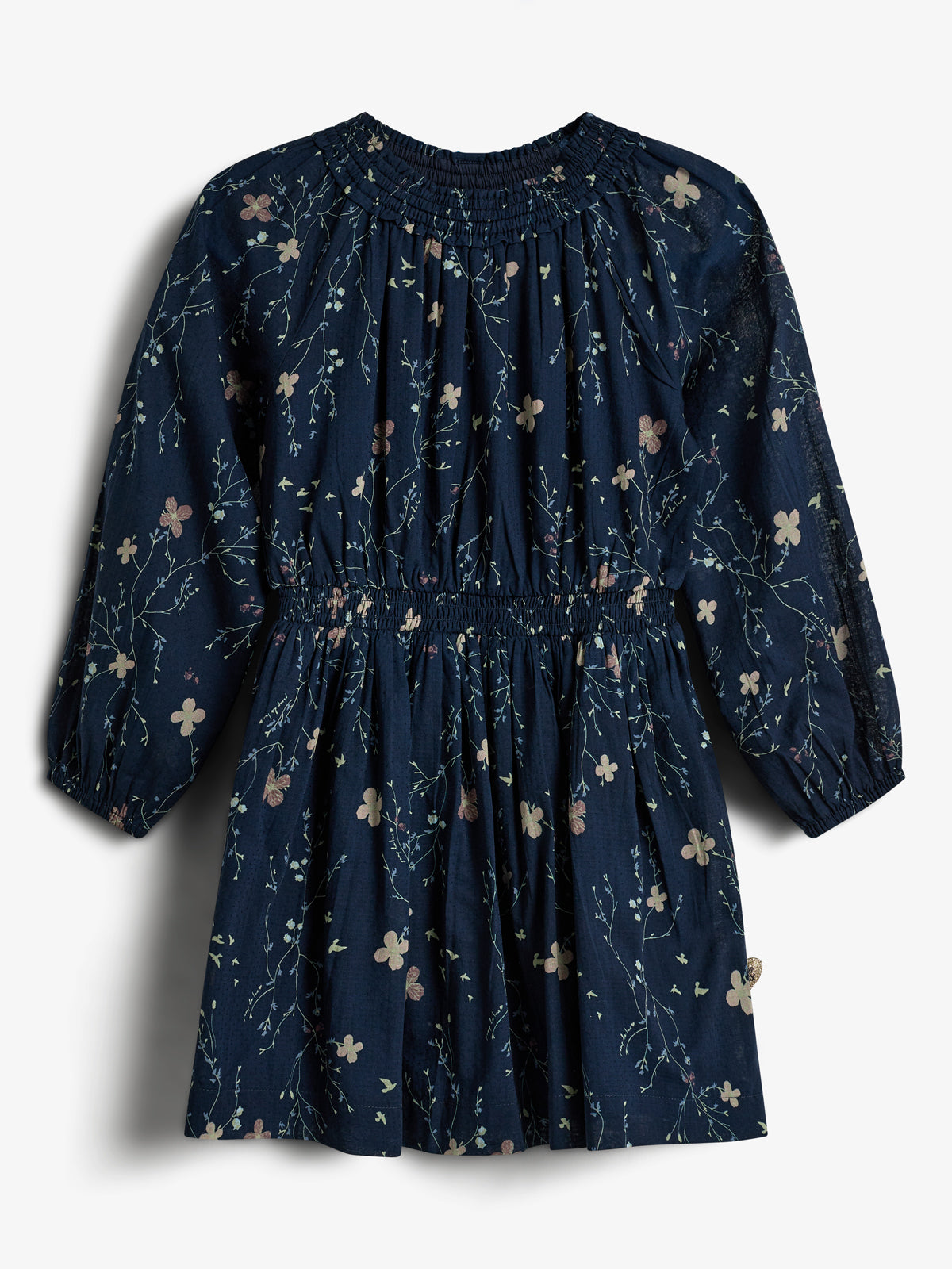 Smock Waist Dress w. Floral Print - Kids - Blue/Rose