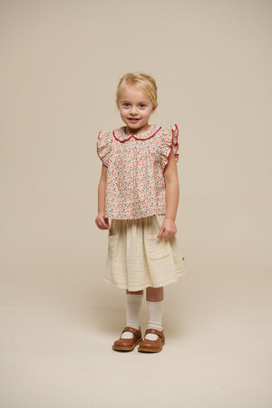 Flower Printed Poplin Frill Top - Kids - Rose | 100948 Poppy