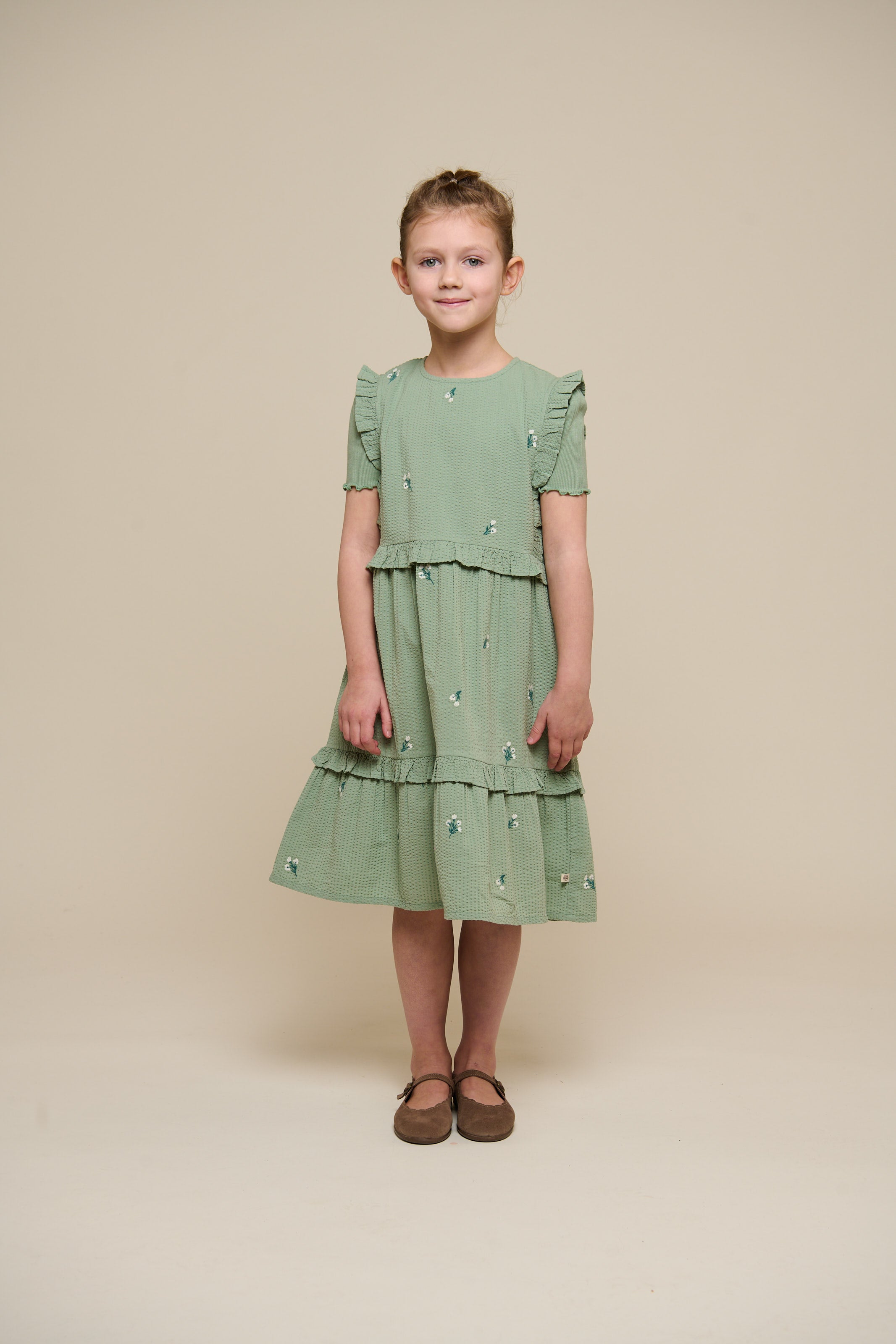 Embroidered Seersucker Dress - Tween - Dusty Green | 100977 Nora