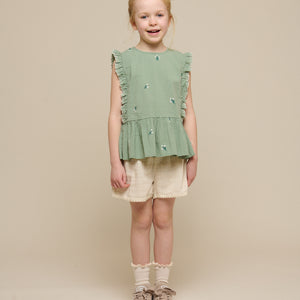 Embroidered Seersucker Top - Tween - Dusty Green | 100981 Nora