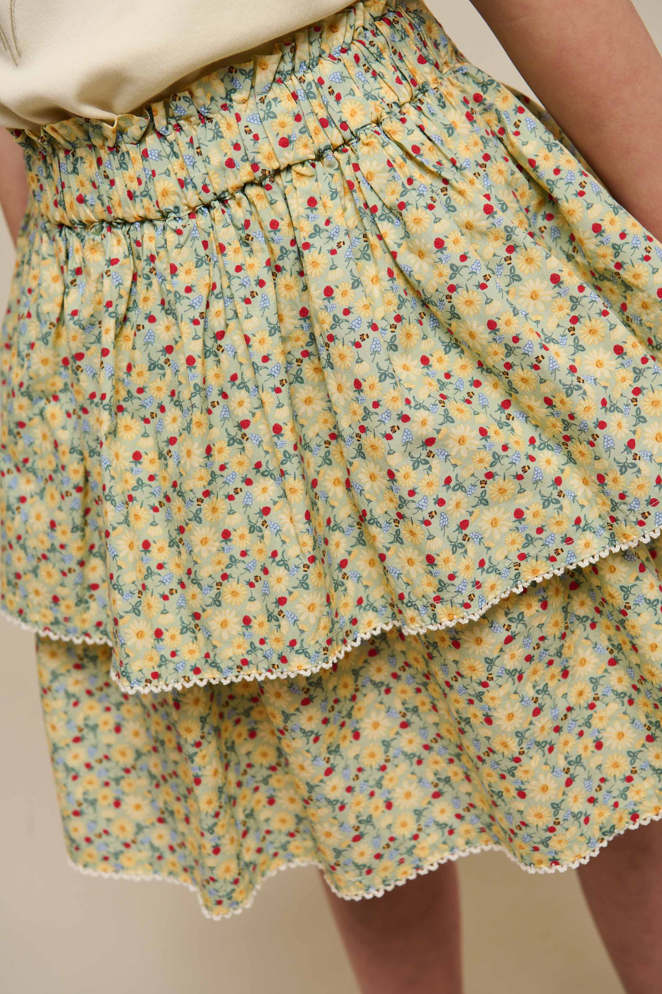 Flower Printed Poplin Frill Skirt - Tween - Green | 100955 Poppy