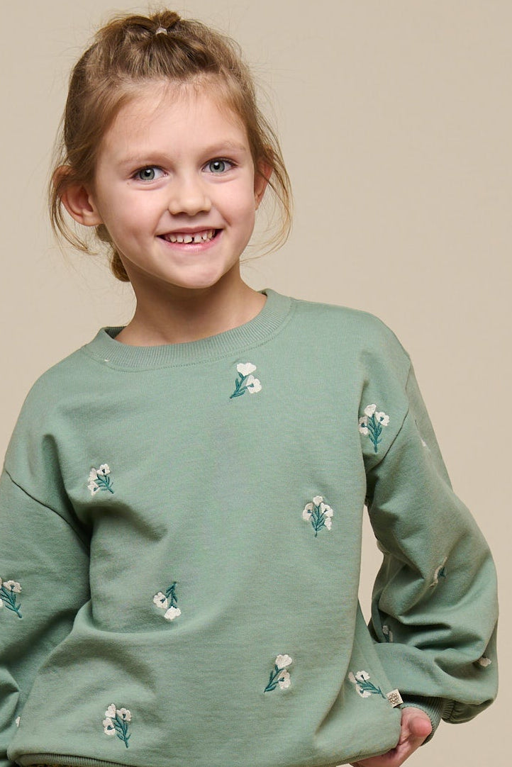 Embroidered Crewneck Sweatshirt - Tween - Dusty Green | 101212 Kimber