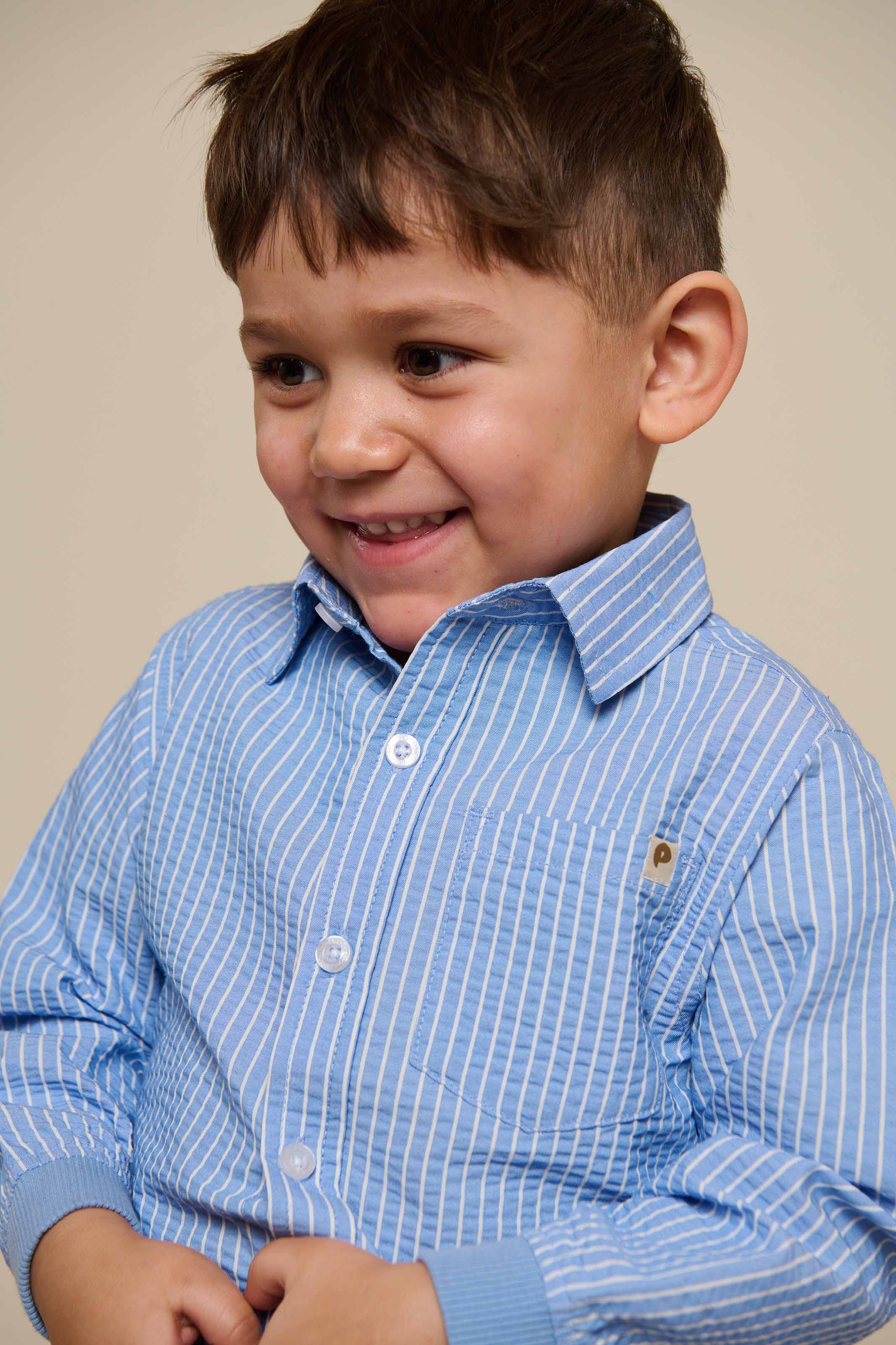 Striped Seersucker Shirt with Rib Cuff - Kids - Blue Stripe | 101348 Patrick