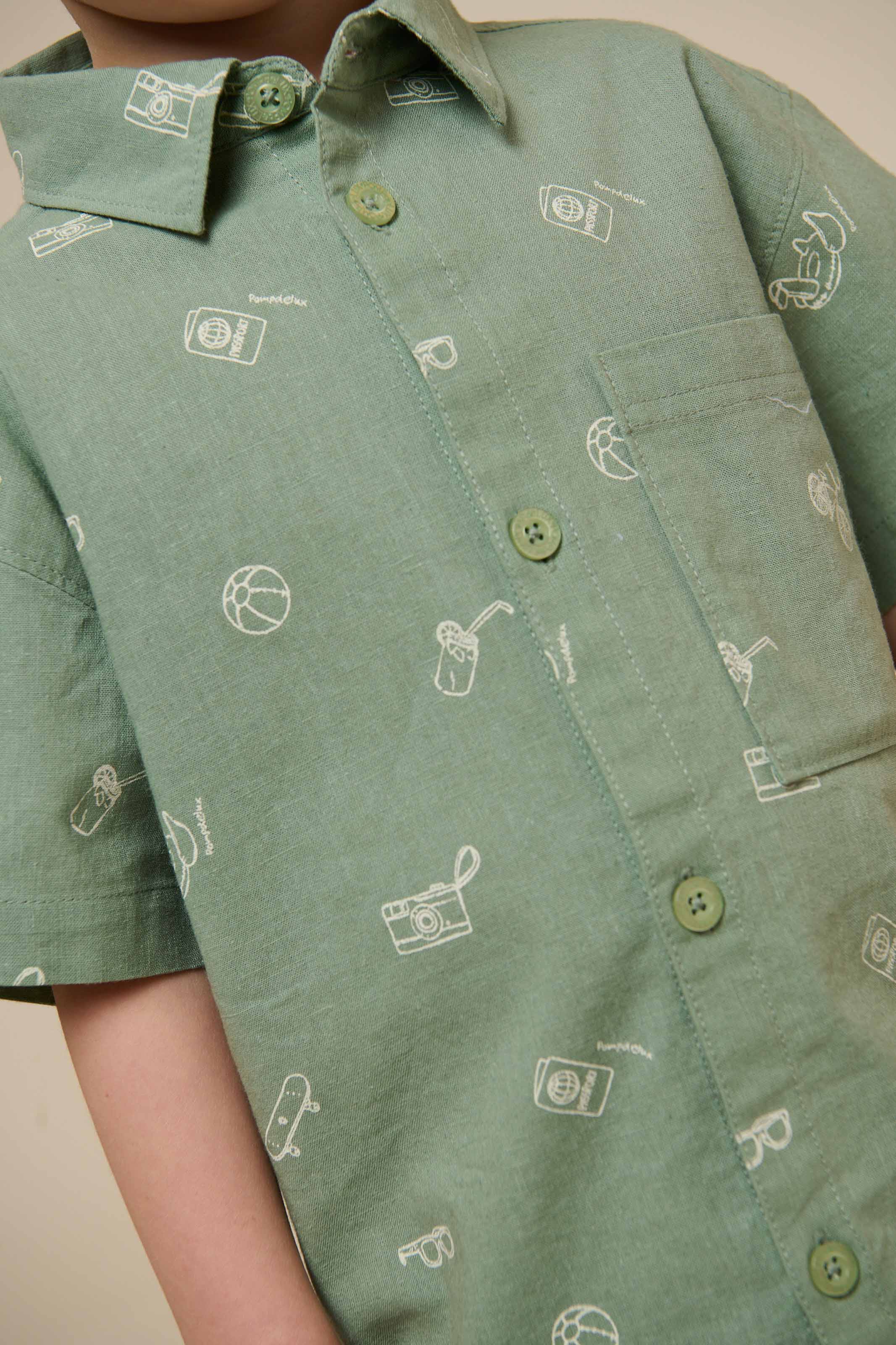 Printed Linen Mix Shirt - Kids - Dusty Green | 101165 William