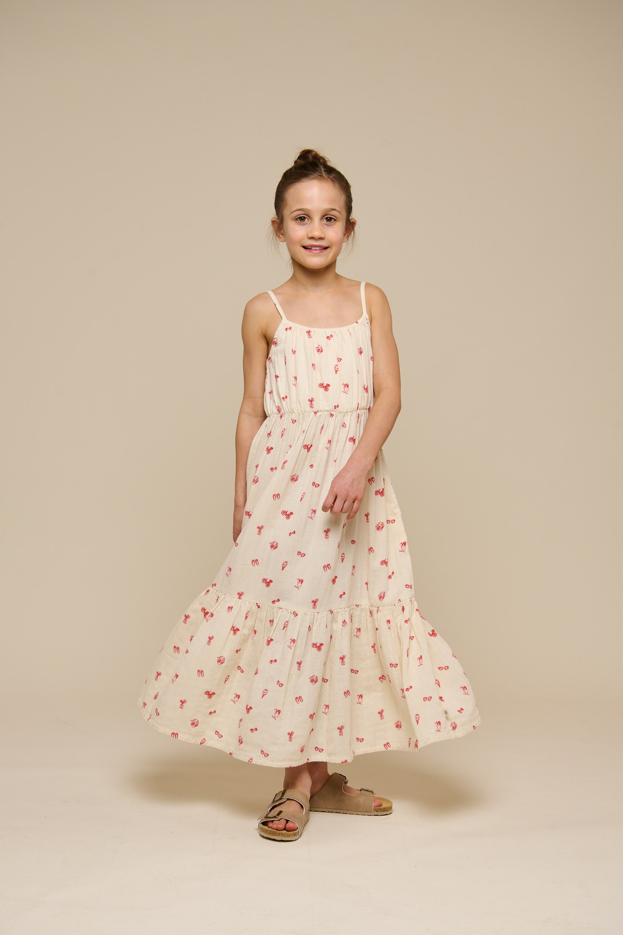 Printed Gauze Midi Strap Dress - Tween - Offwhite/Cherry Red | 100974 Fiona