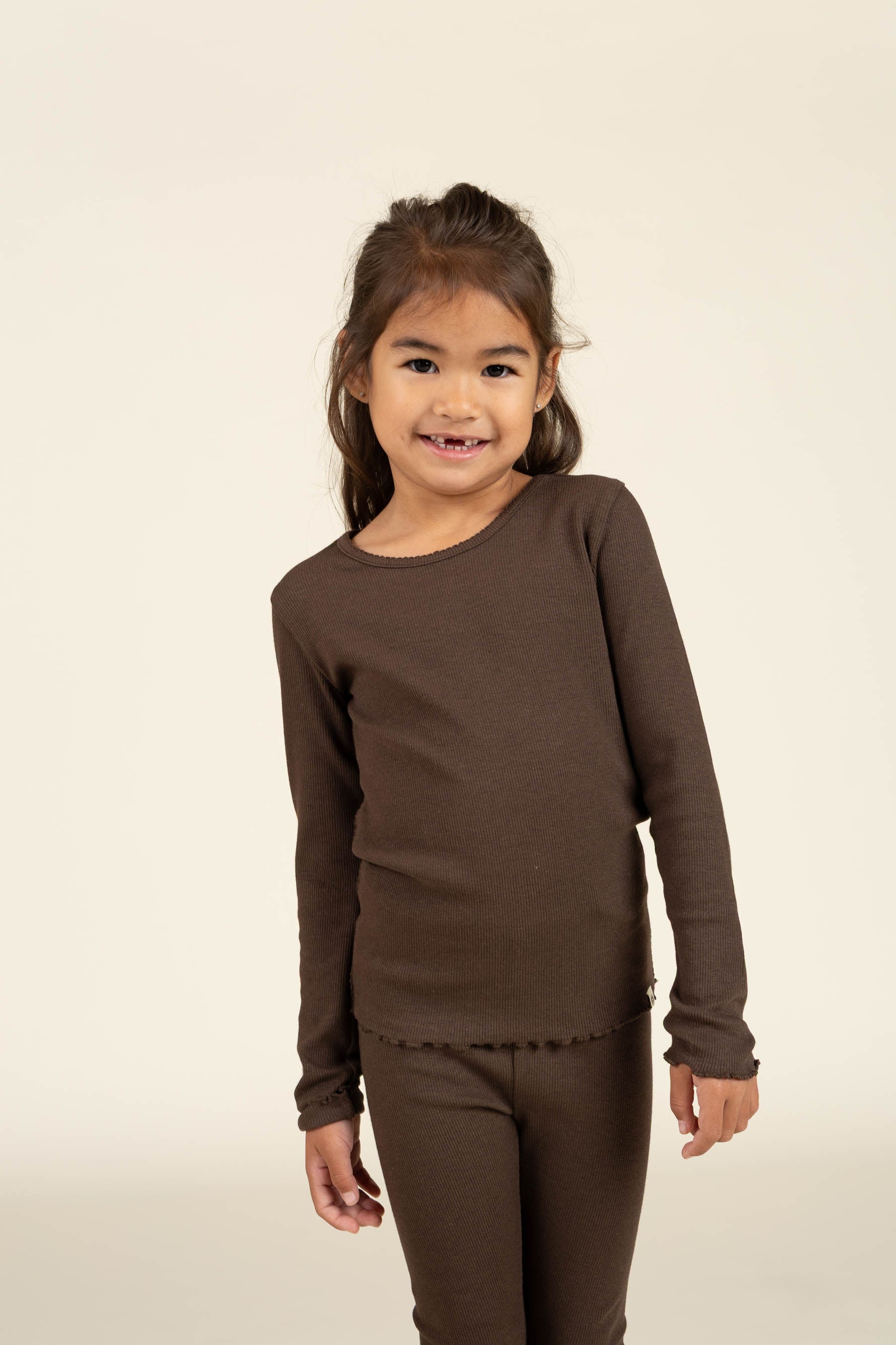 Long Sleeve Modal Rib T-Shirt with Picot edge - Kids - Chocolate | 100576 Mia