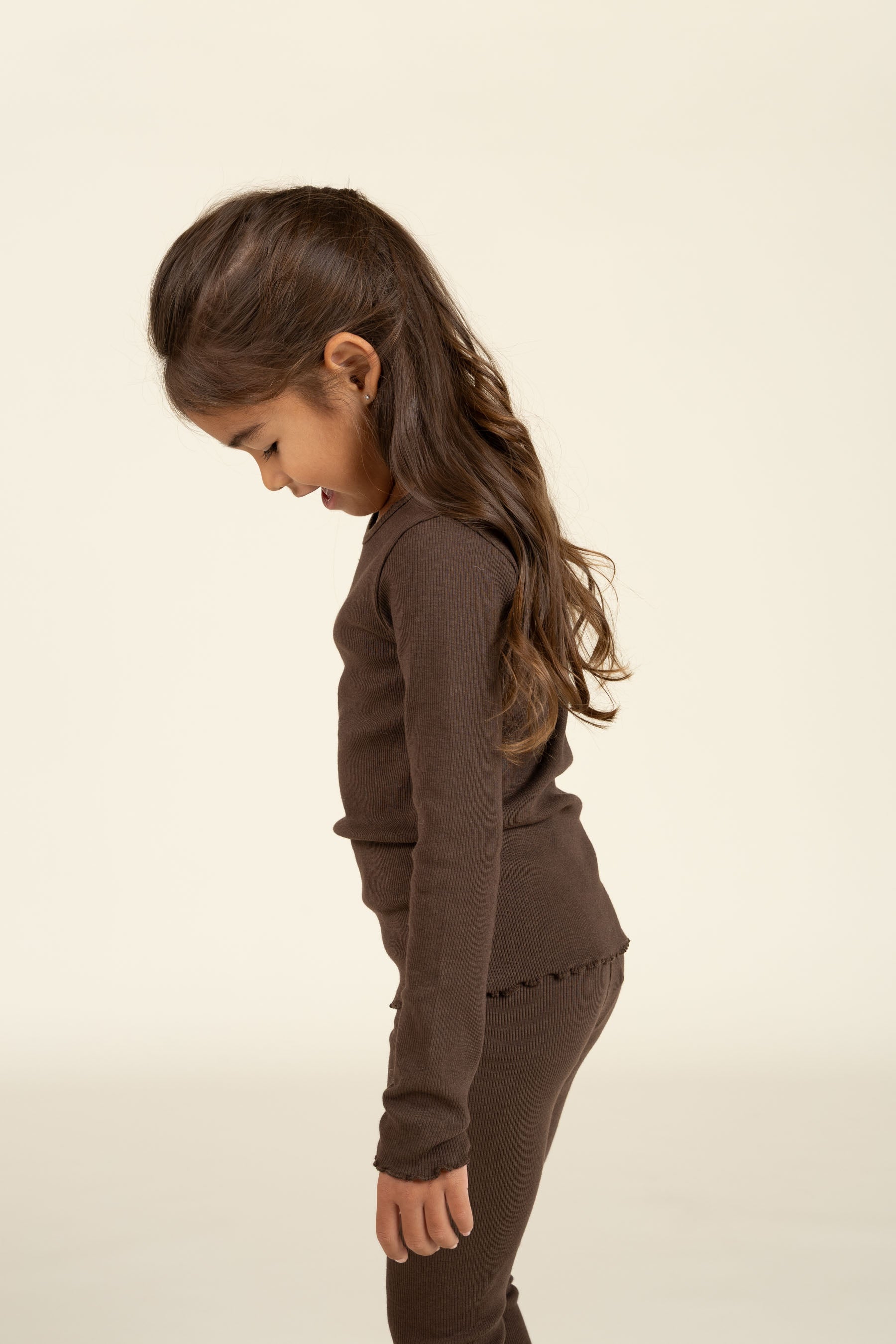 Long Sleeve Modal Rib T-Shirt with Picot edge - Kids - Chocolate | 100576 Mia