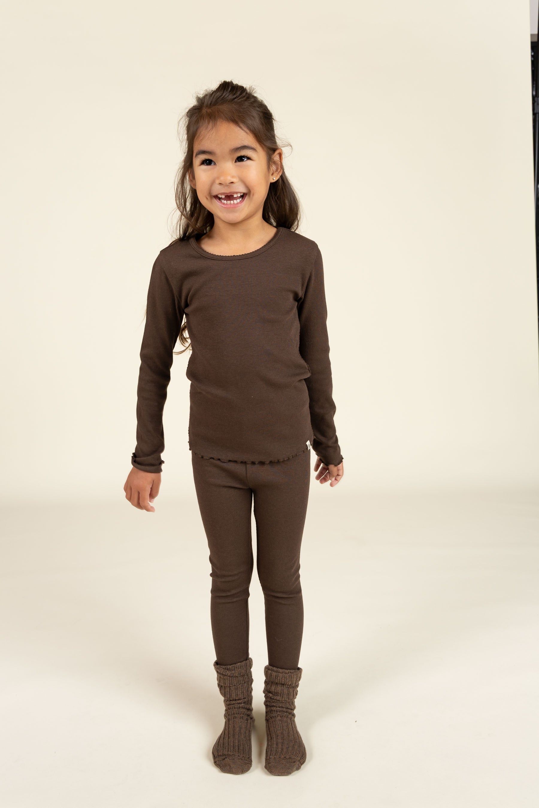Long Sleeve Modal Rib T-Shirt with Picot edge - Kids - Chocolate | 100576 Mia