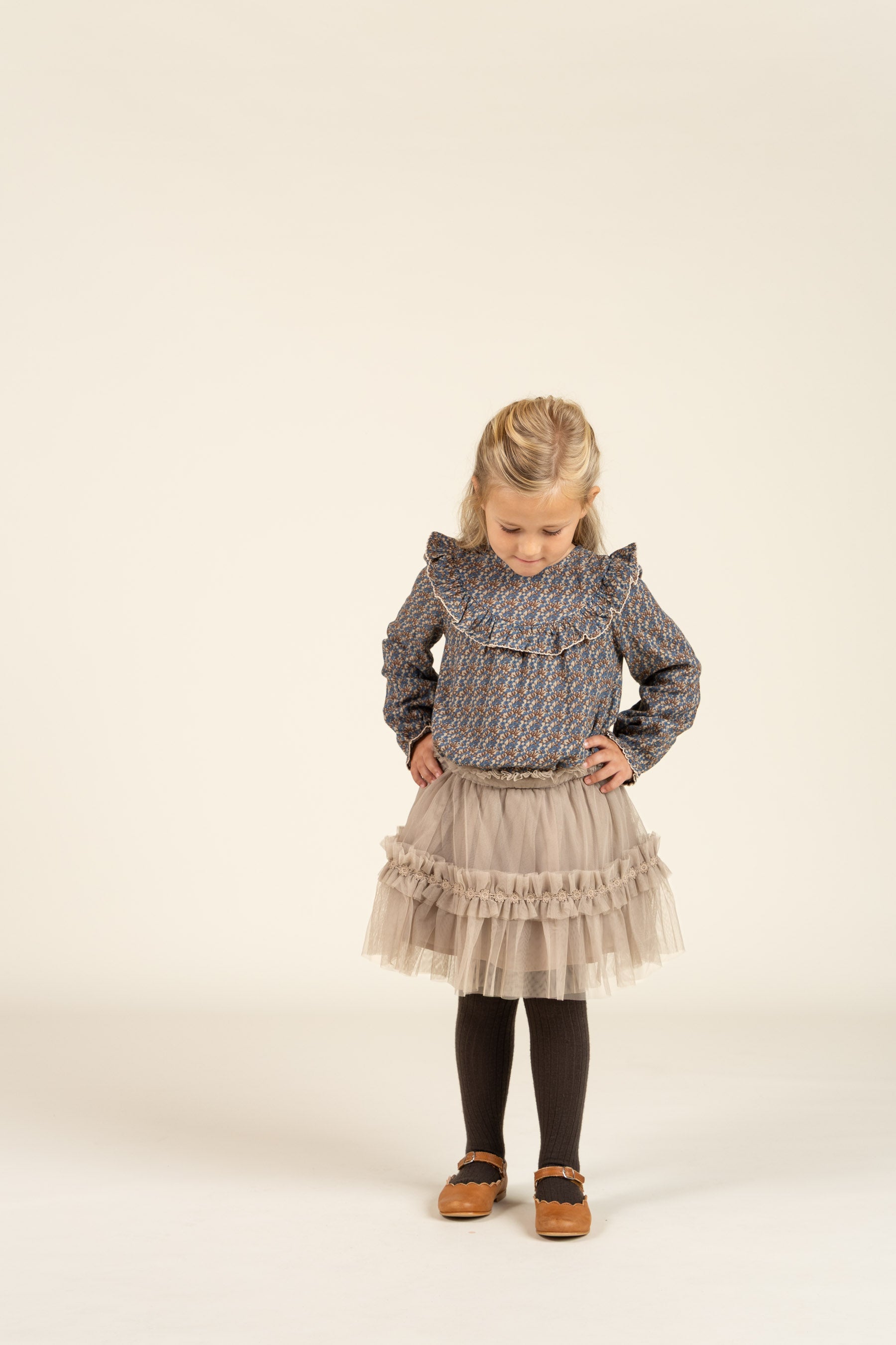 Printed Double Gauze Two-way Blouse - Kids - Blue / Brown | 100729 Maggie