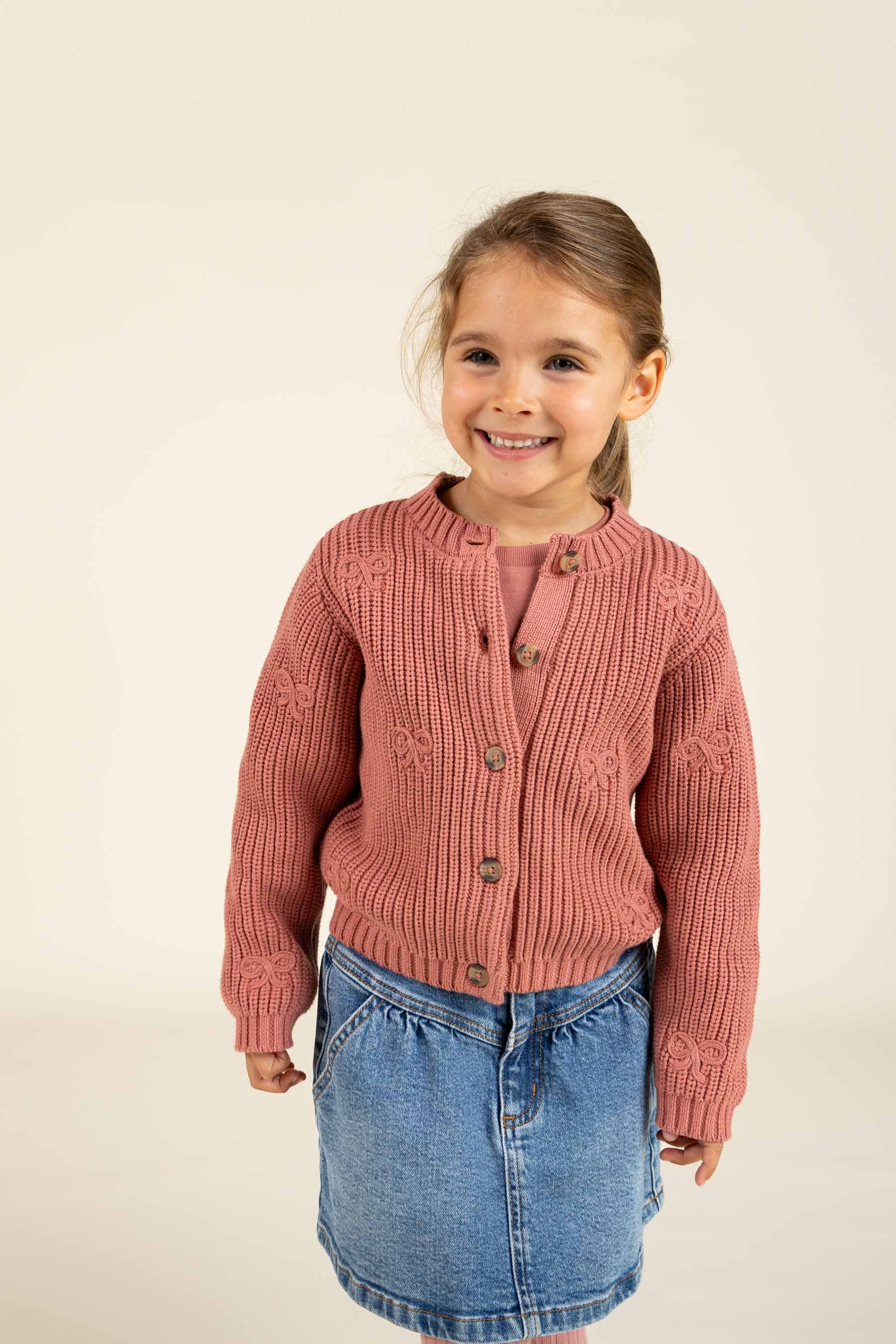 Cotton Knit Cardigan with Bows - Tween - Old Rose | 100793 Freya
