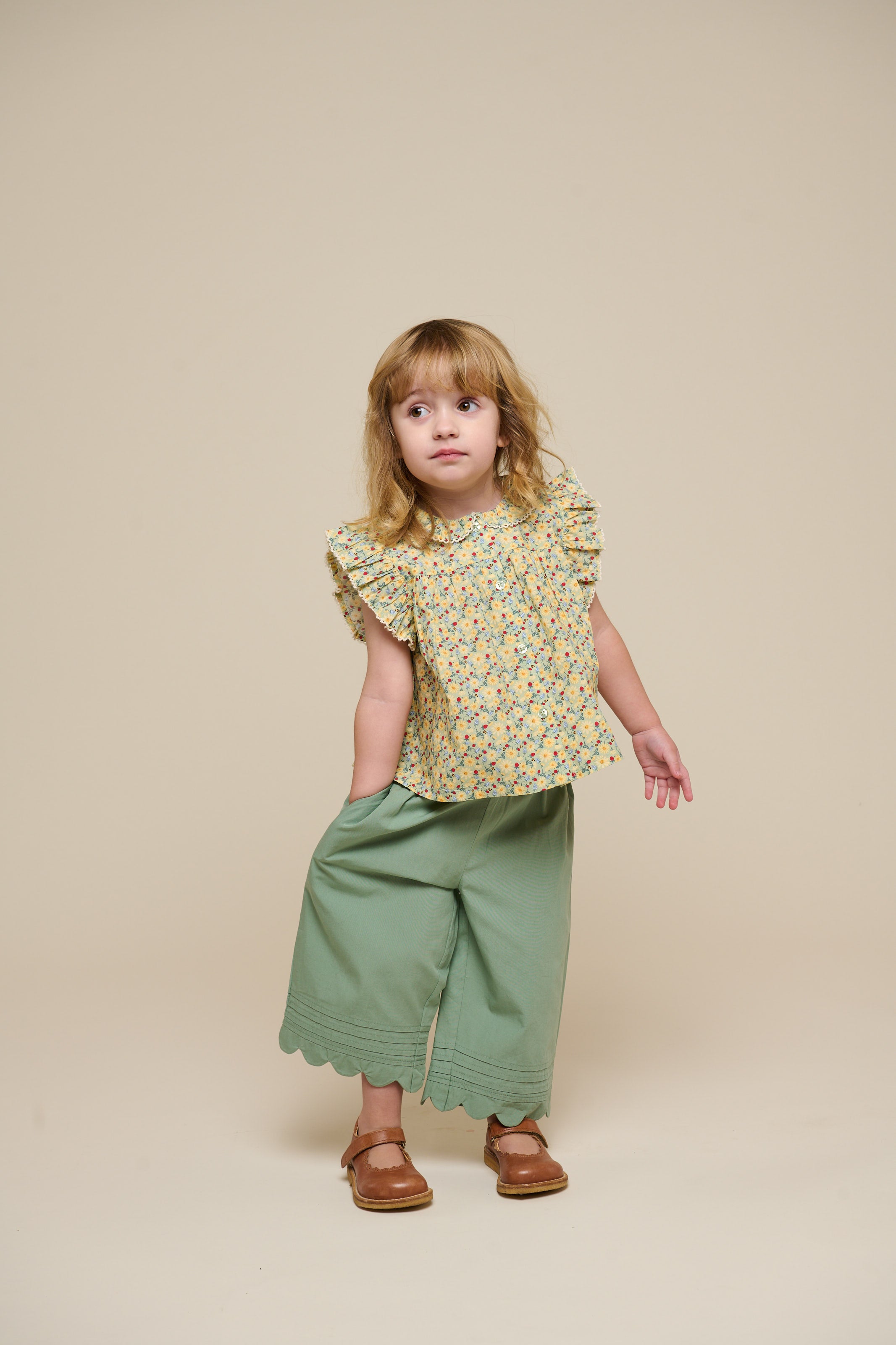 Poplin Trouser with Scallop Edge - Kids - Dusty Green | 101049 Joy