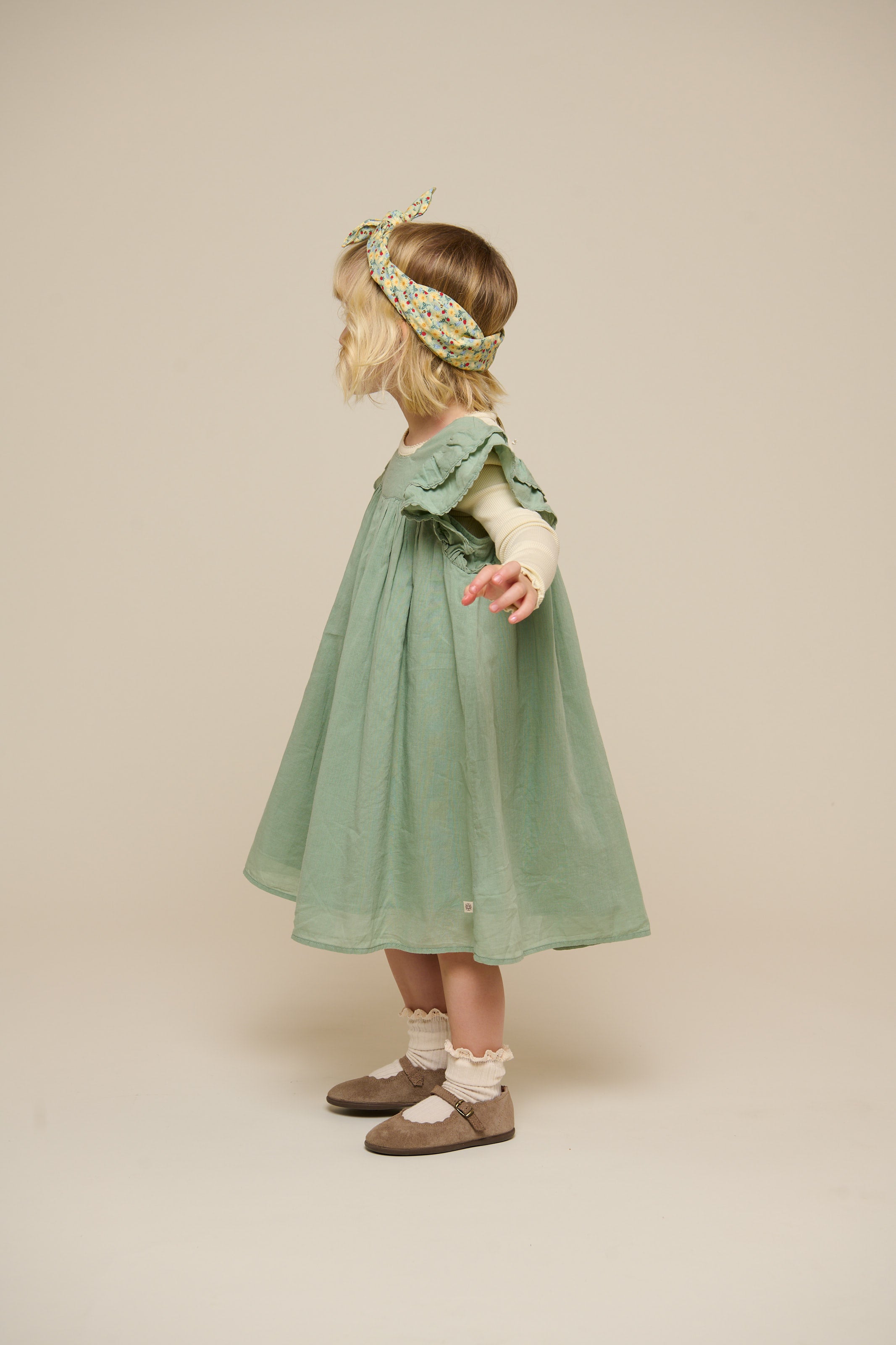 Cotton Dress with Ric Rac Frill - Kids - Dusty Green | 101035 Alma