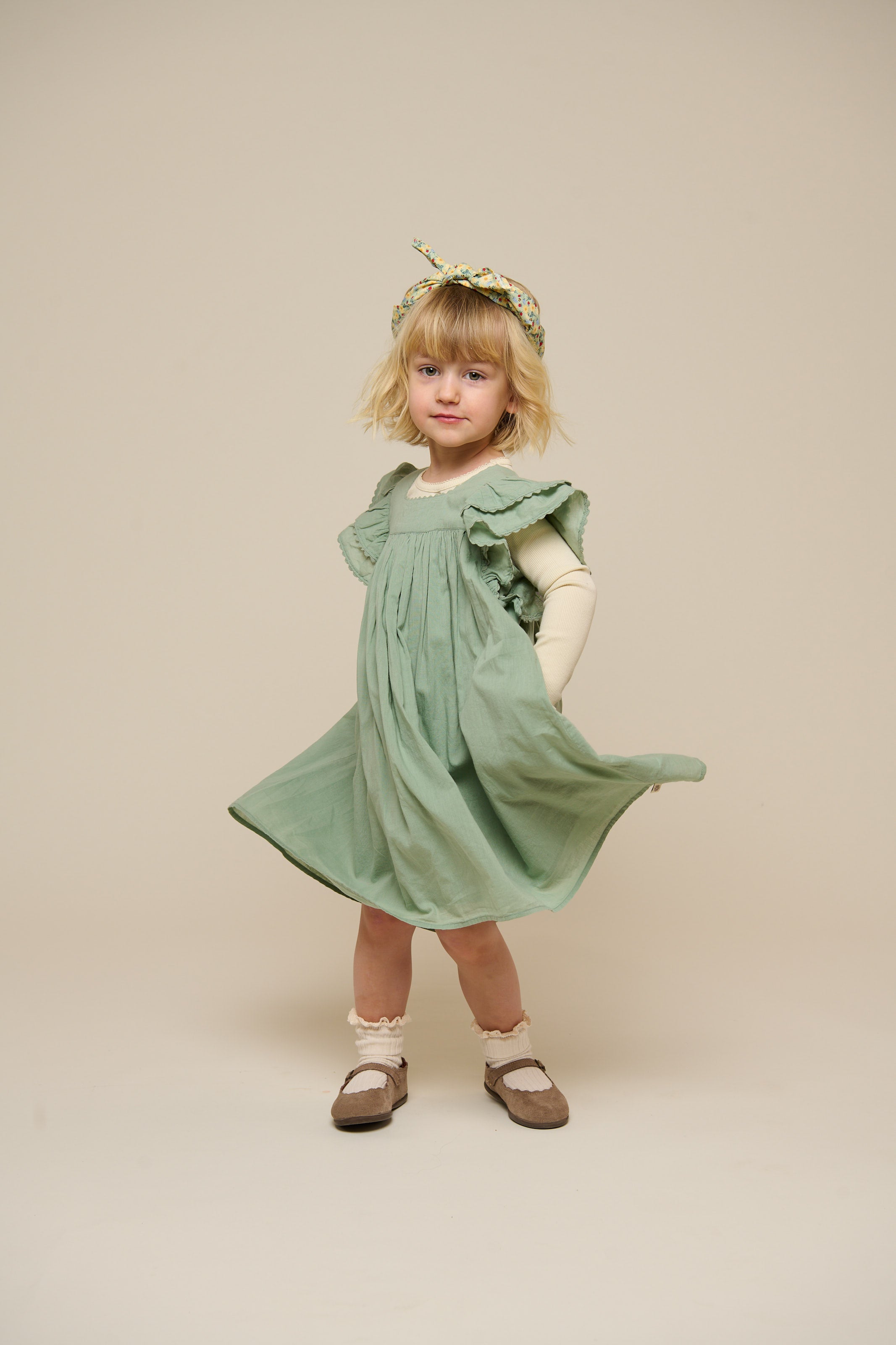 Cotton Dress with Ric Rac Frill - Kids - Dusty Green | 101035 Alma