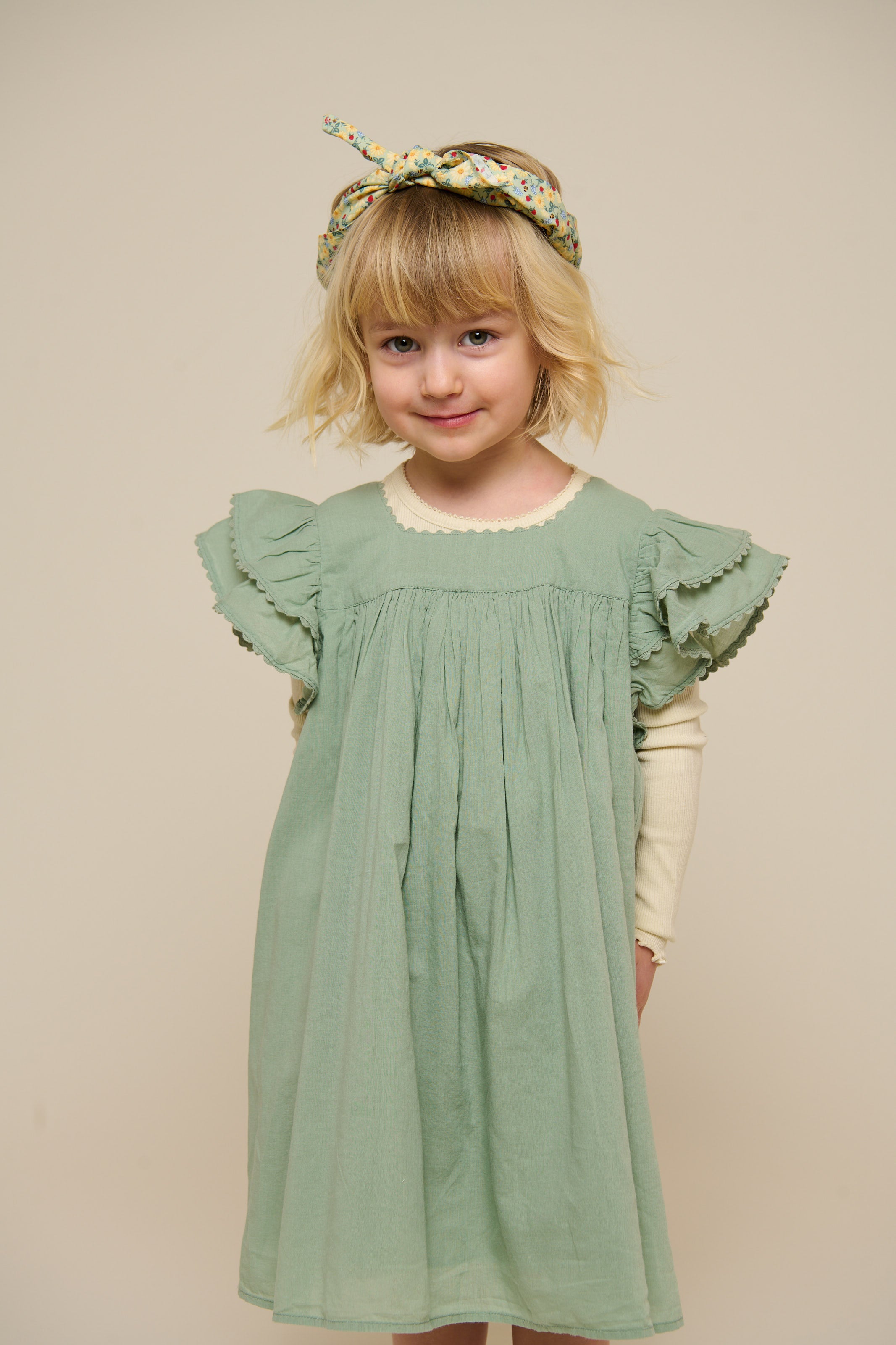 Cotton Dress with Ric Rac Frill - Kids - Dusty Green | 101035 Alma