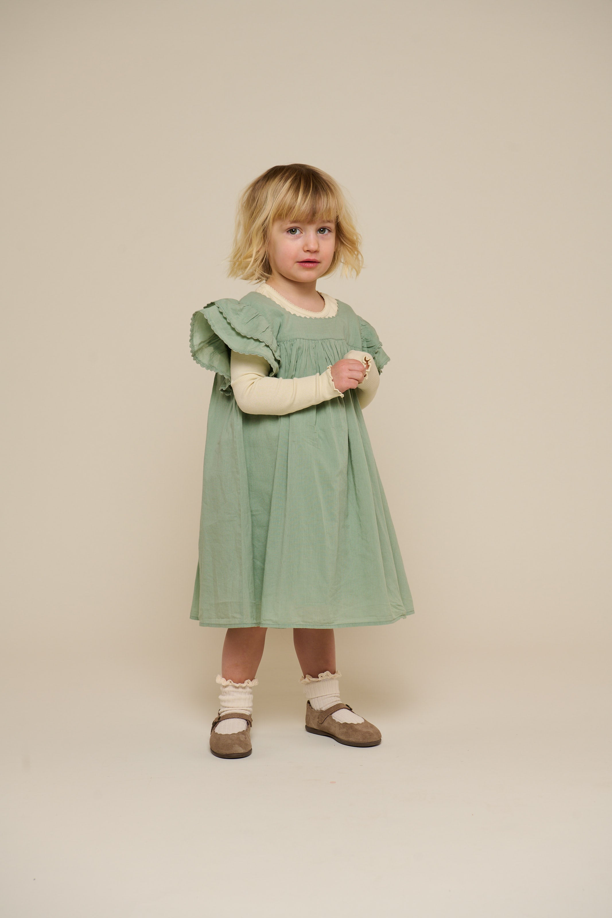 Cotton Dress with Ric Rac Frill - Kids - Dusty Green | 101035 Alma