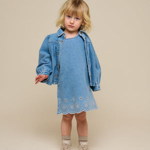 Embroidered Denim Mini Dress - Kids - Light Blue Denim | 101018 Vera