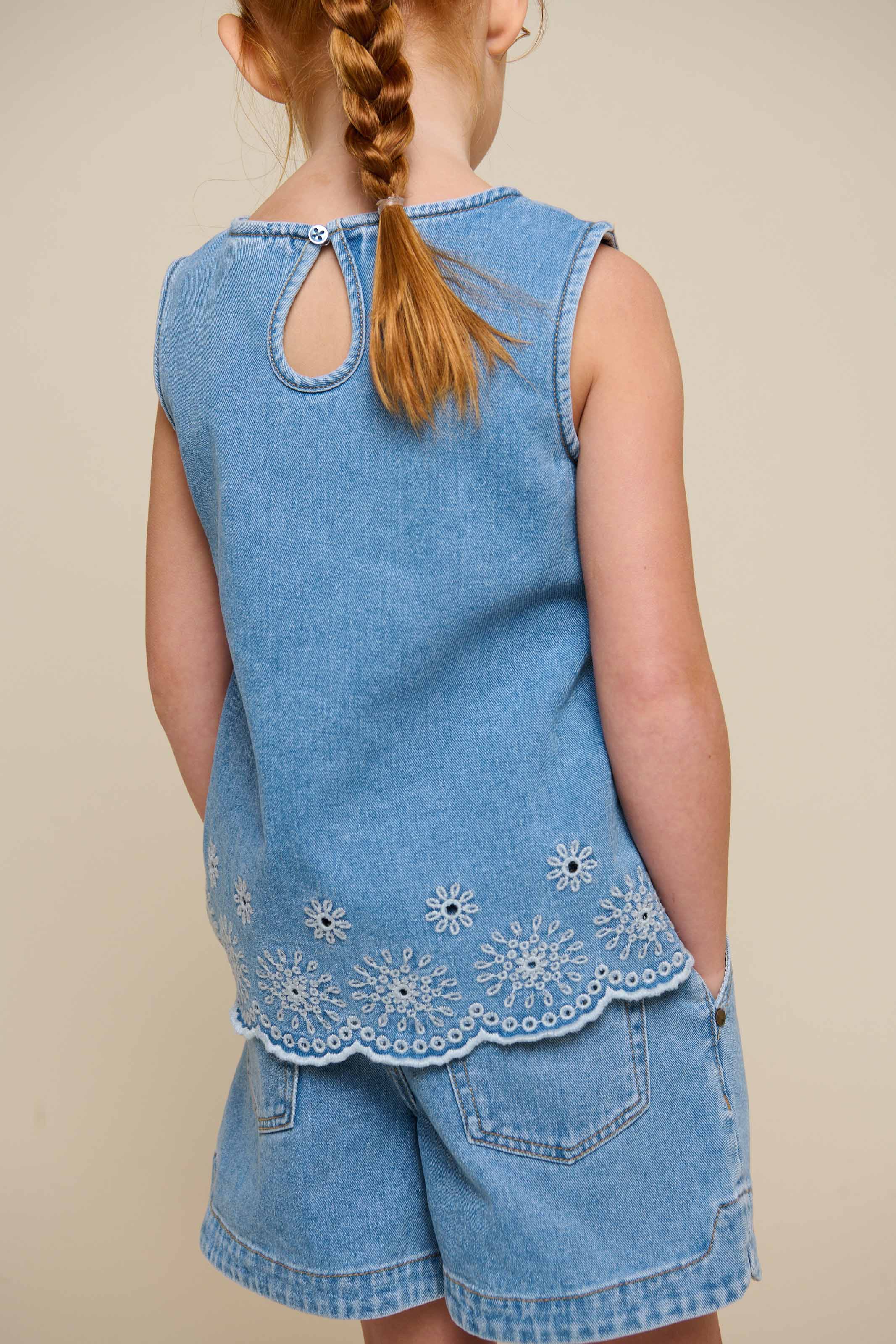 Embroidered Denim Top - Kids - Light Blue Denim | 101020 Vera