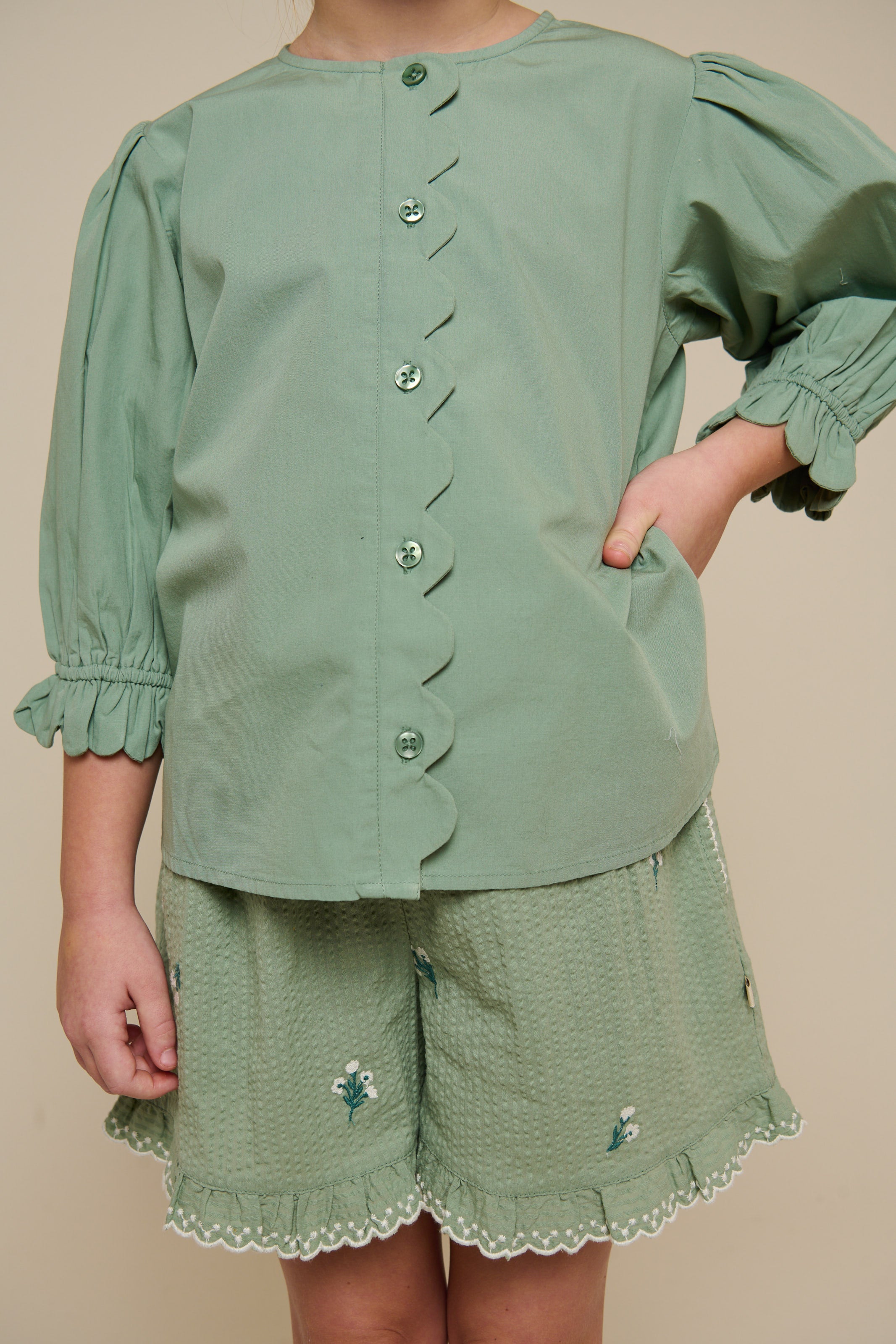 Embroidered Seersucker Shorts - Tween - Dusty Green | 100985 Nora