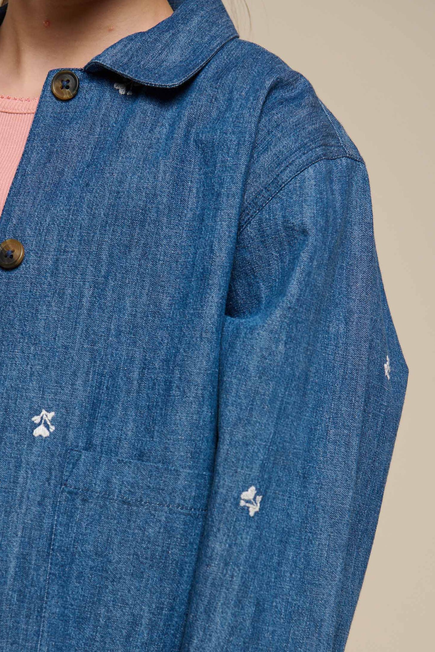 Embroidered Light Denim Shirt Jacket - Kids - Blue Denim | 101051 Isabella