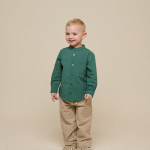 Linen Mix Mandarin Collar Shirt - Kids - Tropical Green | 101203 Lucca
