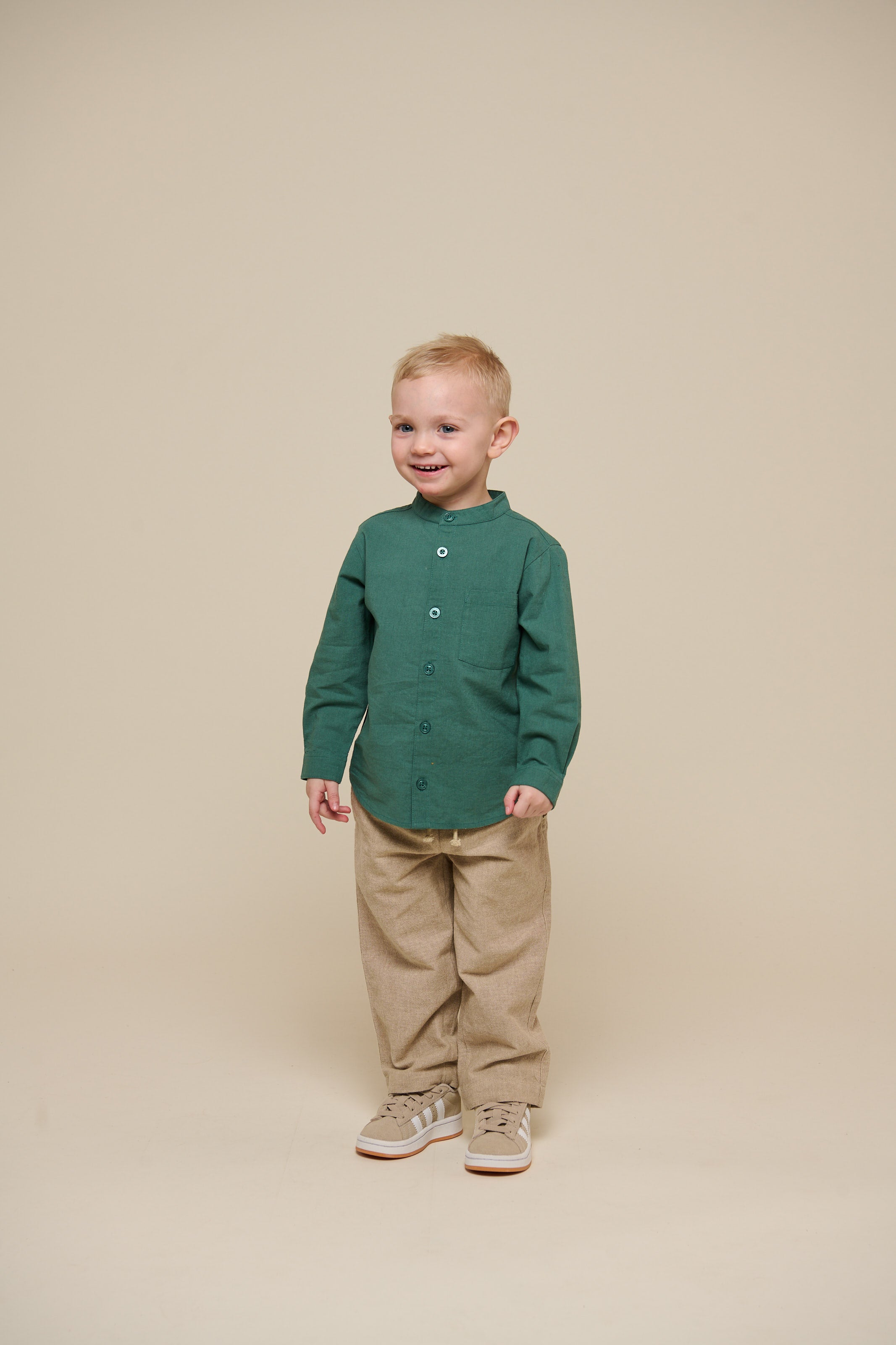 Linen Mix Mandarin Collar Shirt - Kids - Tropical Green | 101203 Lucca