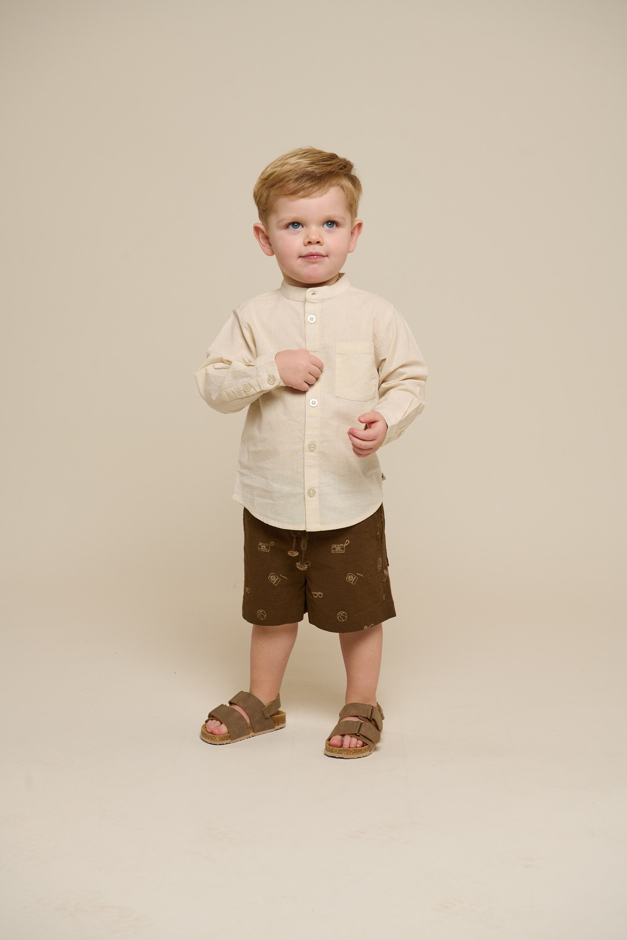 Linen Mix Mandarin Collar Shirt - Kids - Offwhite | 101201 Lucca