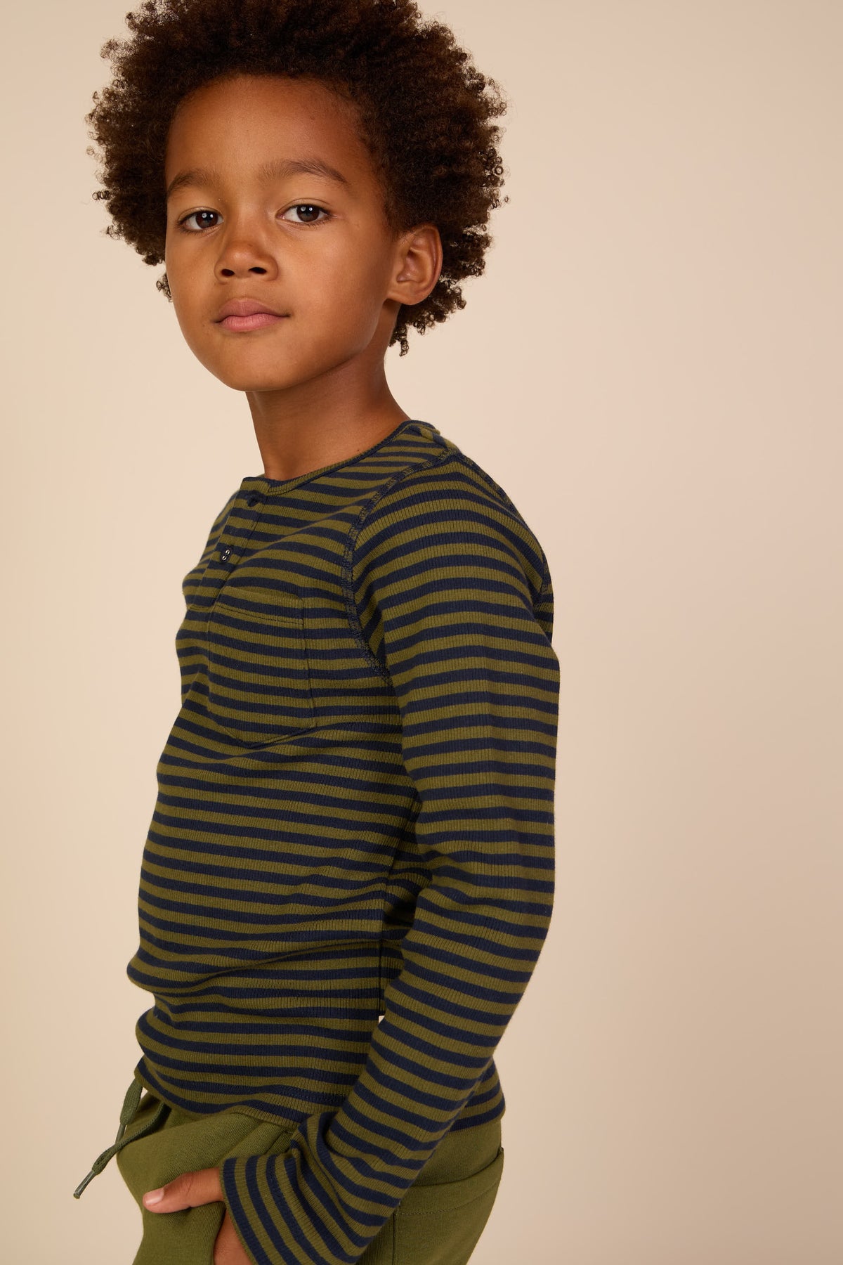 Ribbed Long-Sleeve Henley T-Shirt - Tween - Moss Green/Navy Stripe | 101596 Conrad
